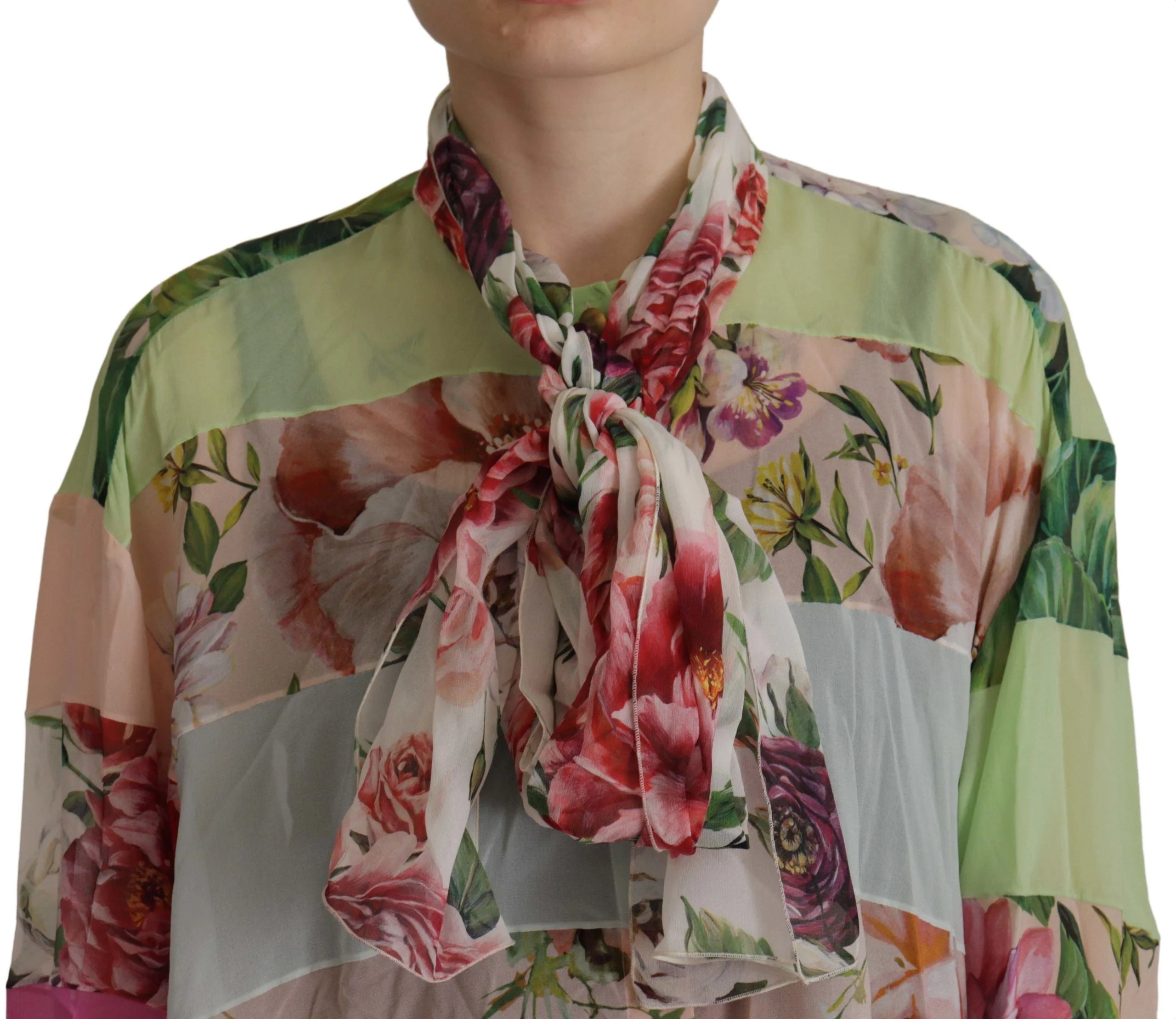 Dolce & Gabbana Multicolor Floral Patchwork Design Ascot Collar Top Blouse - IT42|M - Blouses