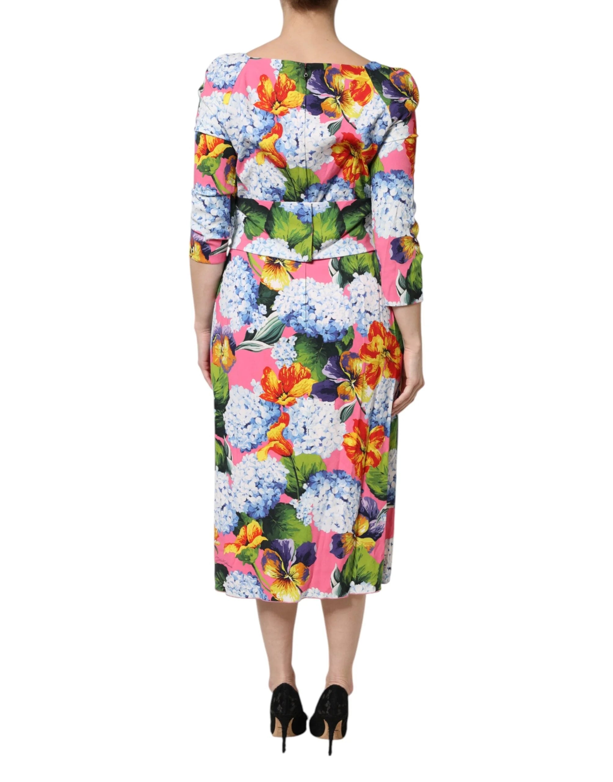 Dolce & Gabbana Multicolor Floral Pleated Sheath Midi Dress - IT48|XXL - Dresses