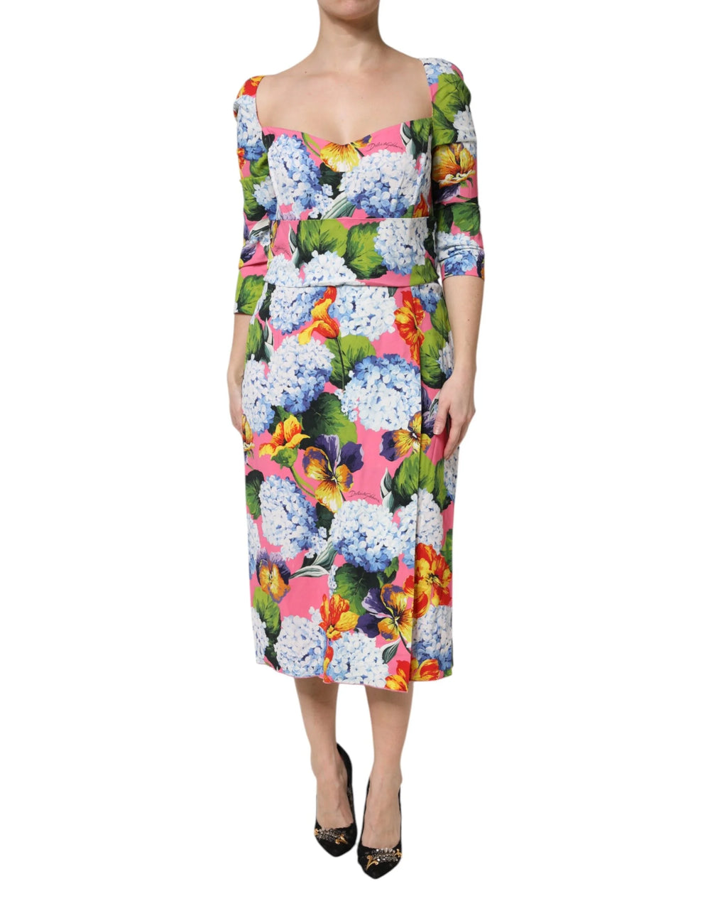 Dolce & Gabbana Multicolor Floral Pleated Sheath Midi Dress - IT48|XXL - Dresses