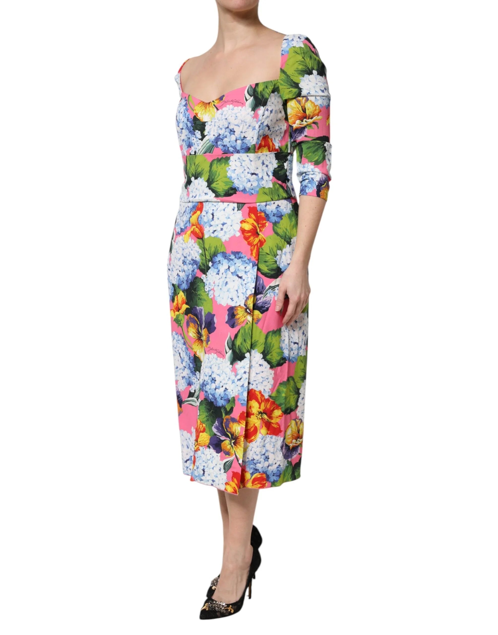 Dolce & Gabbana Multicolor Floral Pleated Sheath Midi Dress - IT48|XXL - Dresses