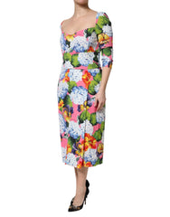 Dolce & Gabbana Multicolor Floral Pleated Sheath Midi Dress - IT48|XXL - Dresses