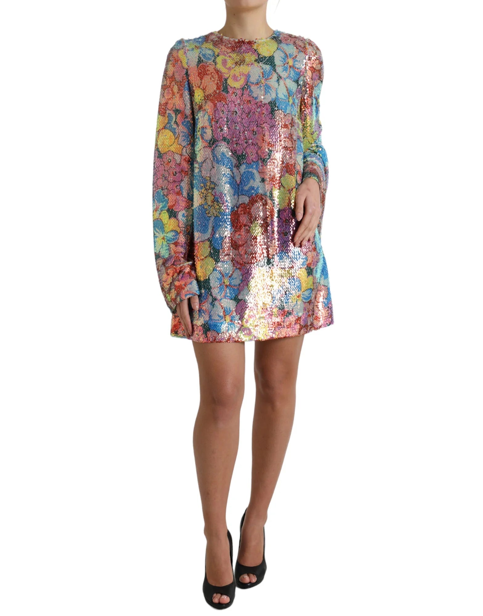 Dolce & Gabbana Multicolor Floral Sequined Shift Mini Dress - IT40|S - Dresses
