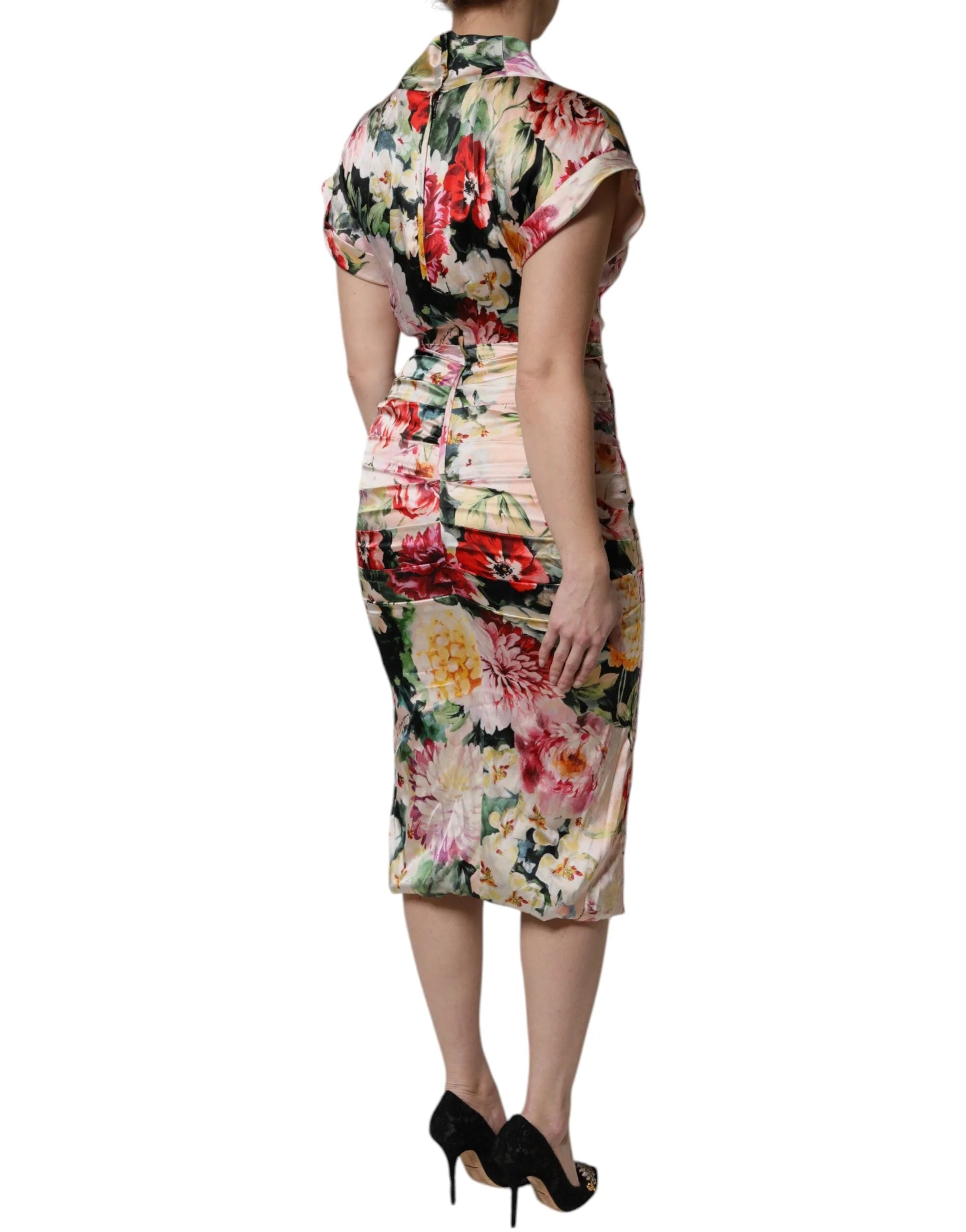 Dolce & Gabbana Multicolor Floral Short Sleeves Sheath Midi Dress - Dresses