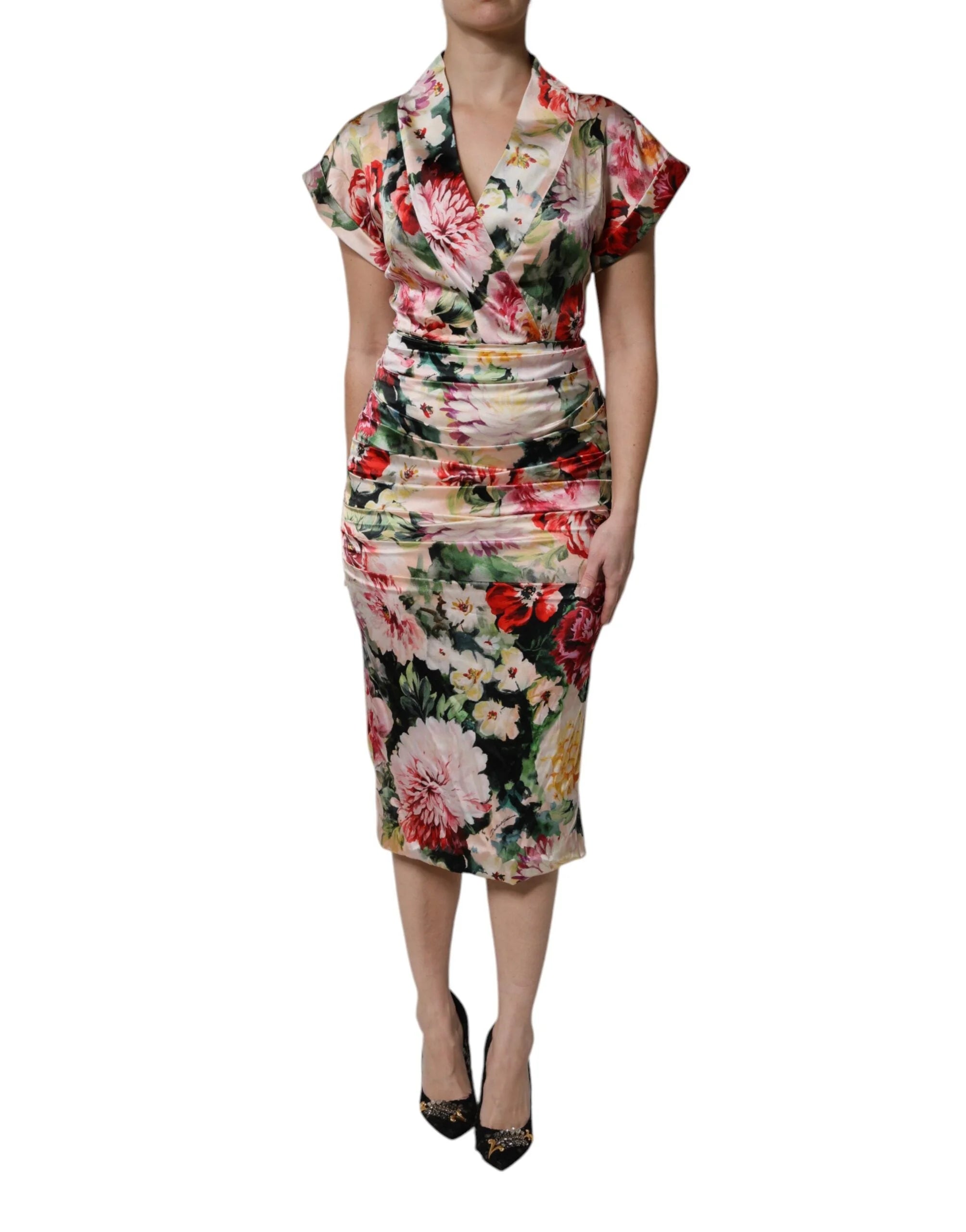 Dolce & Gabbana Multicolor Floral Short Sleeves Sheath Midi Dress - Dresses