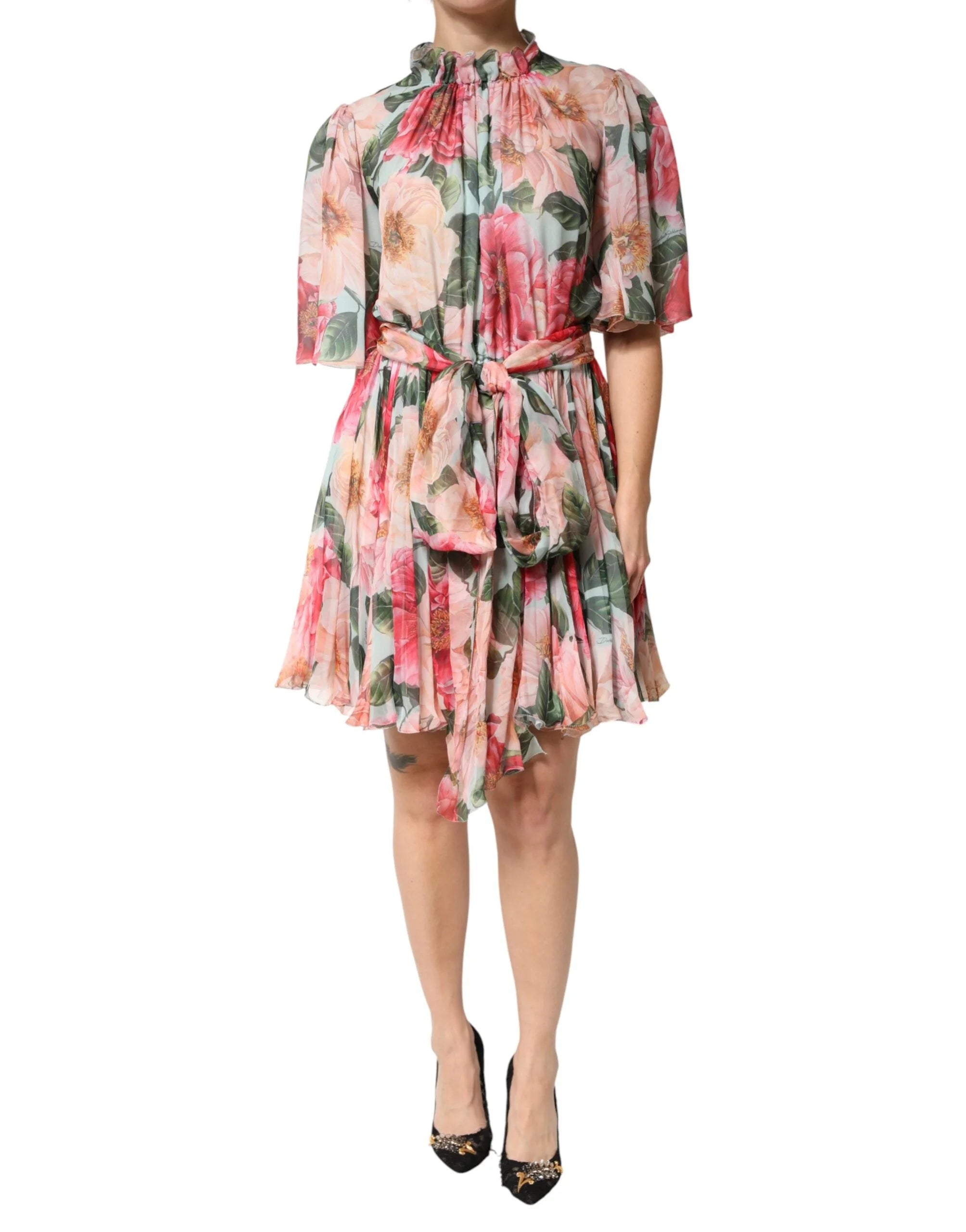 Dolce & Gabbana Multicolor Floral Silk Chiffon Pleated Mini Dress - IT46|XL