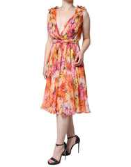 Dolce & Gabbana Multicolor Floral Sleeveless V-neck Midi Dress - IT42|M - Dresses
