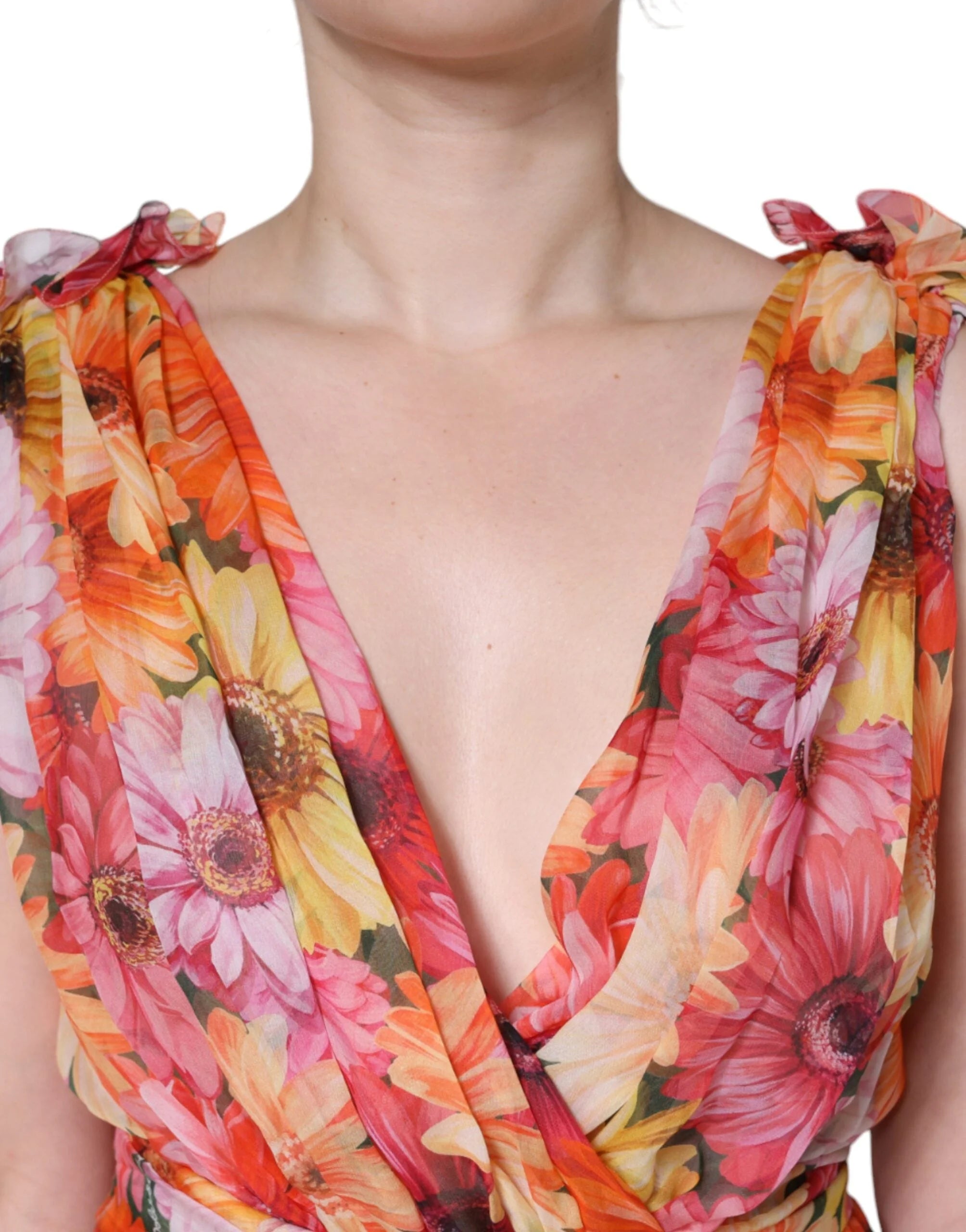 Dolce & Gabbana Multicolor Floral Sleeveless V-neck Midi Dress - IT42|M - Dresses