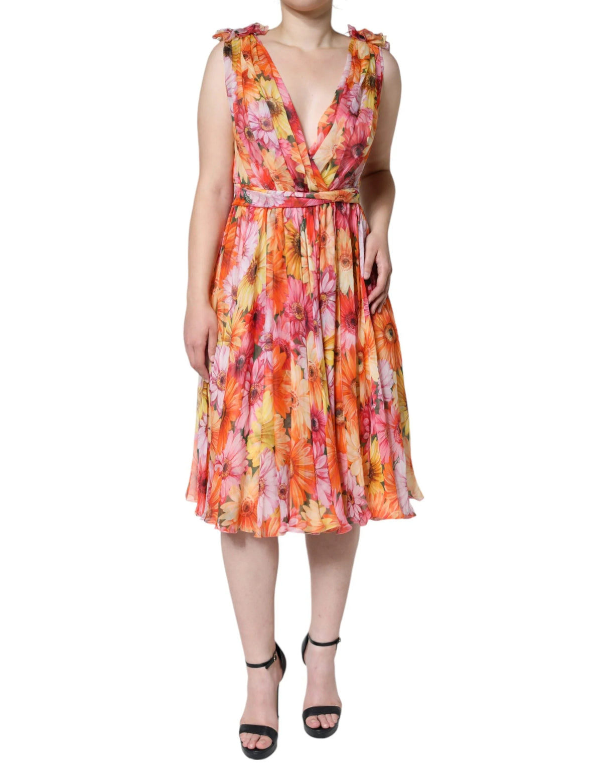 Dolce & Gabbana Multicolor Floral Sleeveless V-neck Midi Dress - IT42|M - Dresses