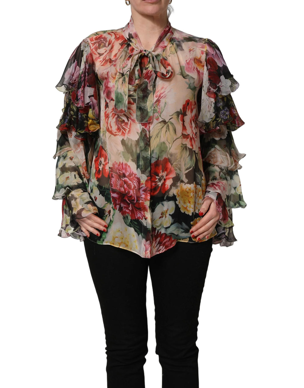 Dolce & Gabbana Multicolor Floral Tie-Neck Silk Chiffon Blouse Top - IT44 | L