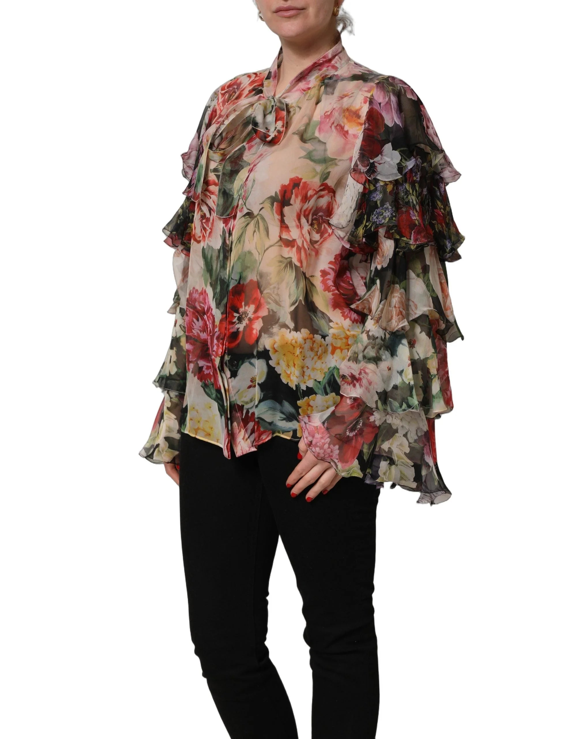 Dolce & Gabbana Multicolor Floral Tie-Neck Silk Chiffon Blouse Top - IT44 | L