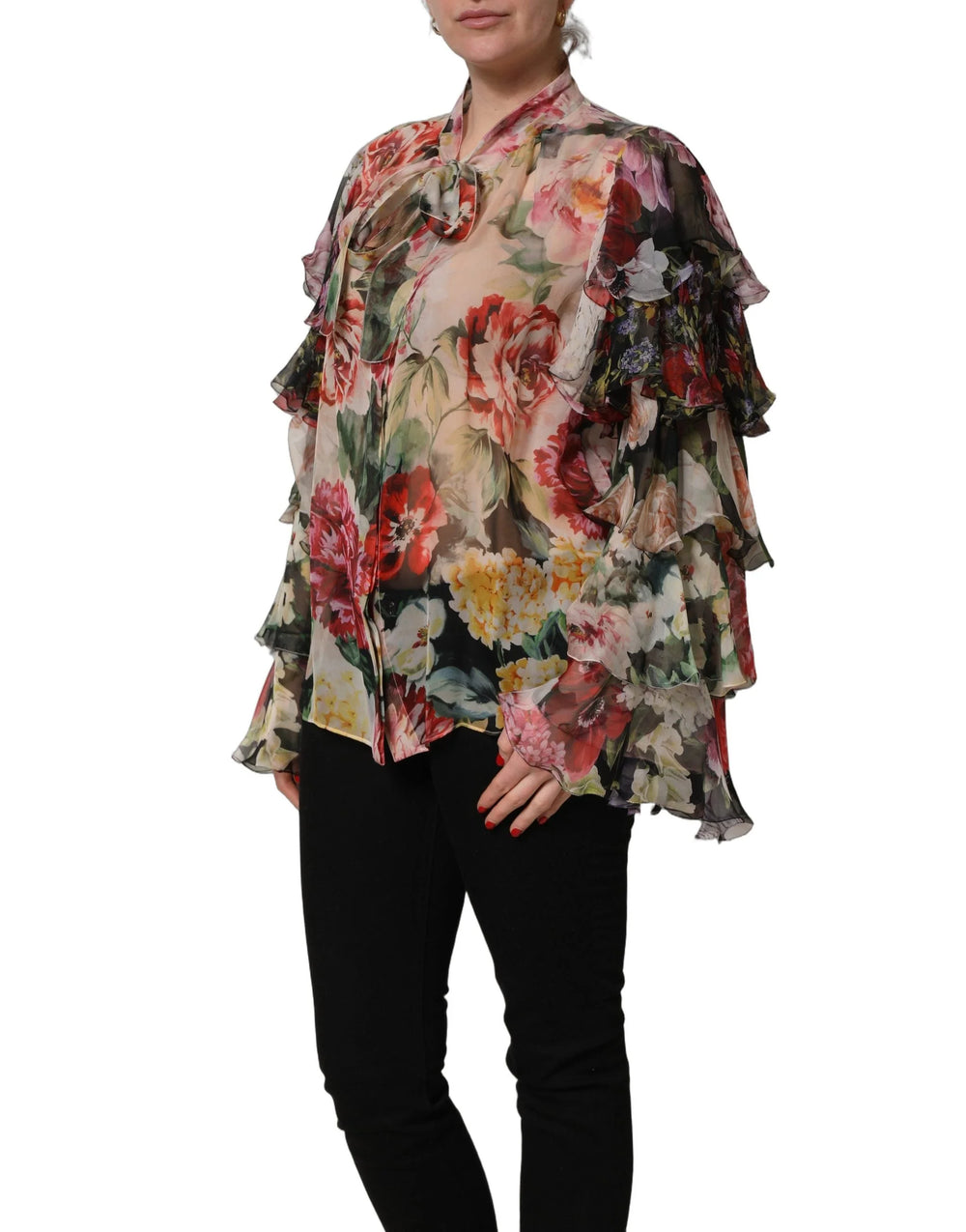 Dolce & Gabbana Multicolor Floral Tie-Neck Silk Chiffon Blouse Top - IT44 | L