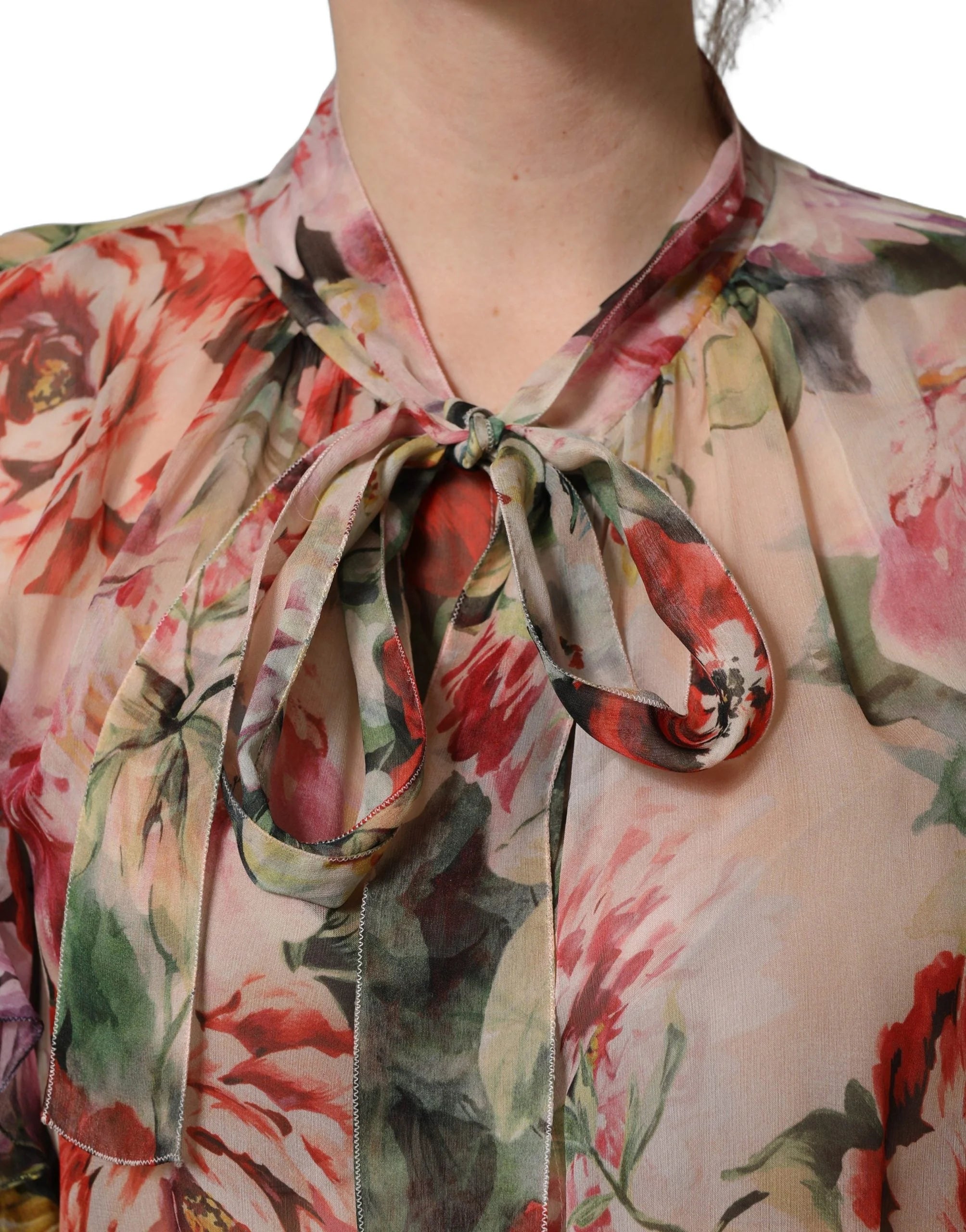 Dolce & Gabbana Multicolor Floral Tie-Neck Silk Chiffon Blouse Top - IT44 | L