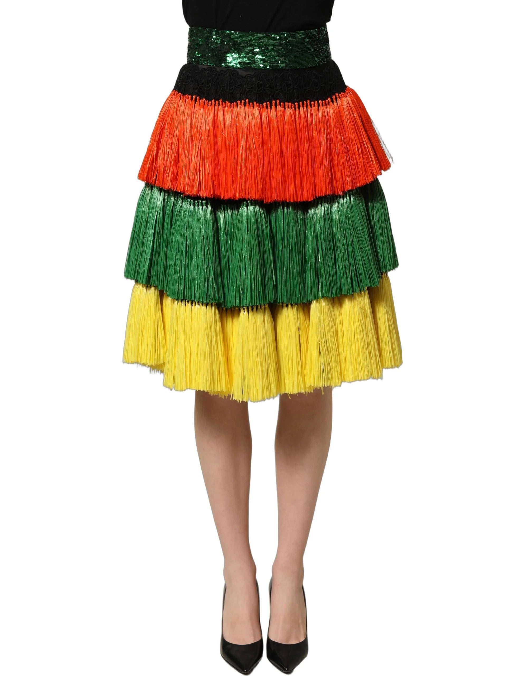 Dolce & Gabbana Multicolor Fringe Sequin High Waist Knee Length Skirt - IT42|M
