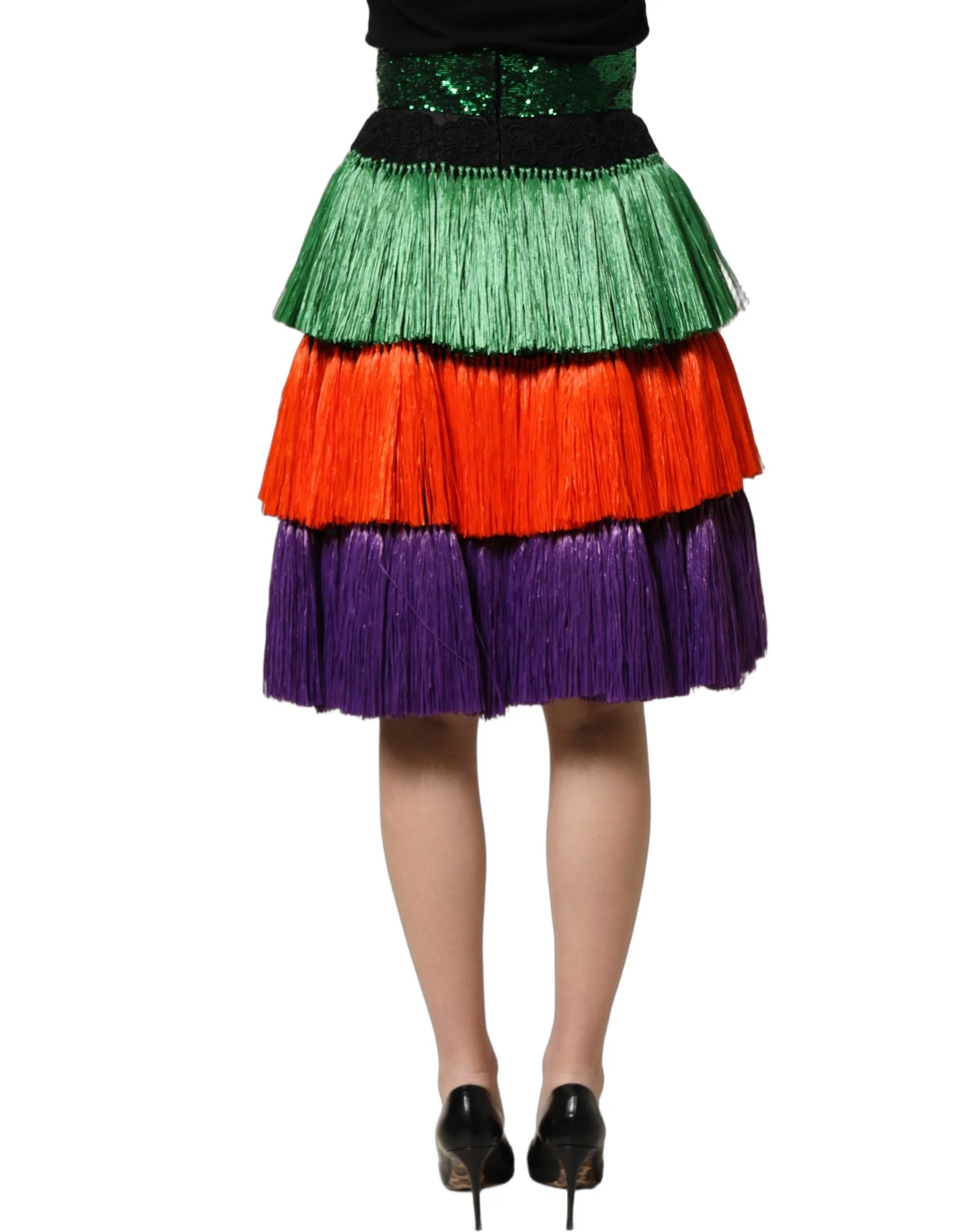 Dolce & Gabbana Multicolor Fringed High Waist Knee Length Skirt - IT36|XXS