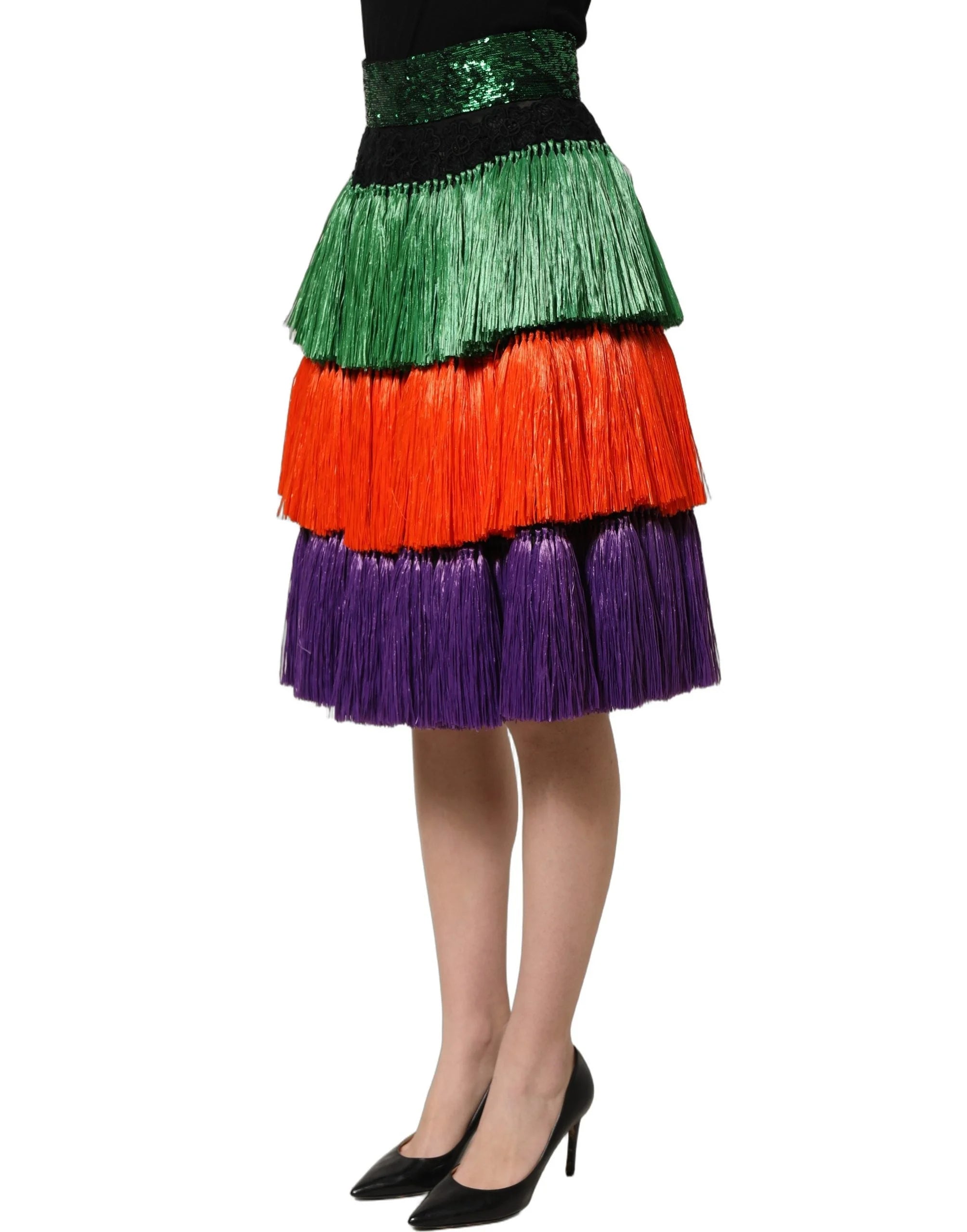 Dolce & Gabbana Multicolor Fringed High Waist Knee Length Skirt - IT36|XXS