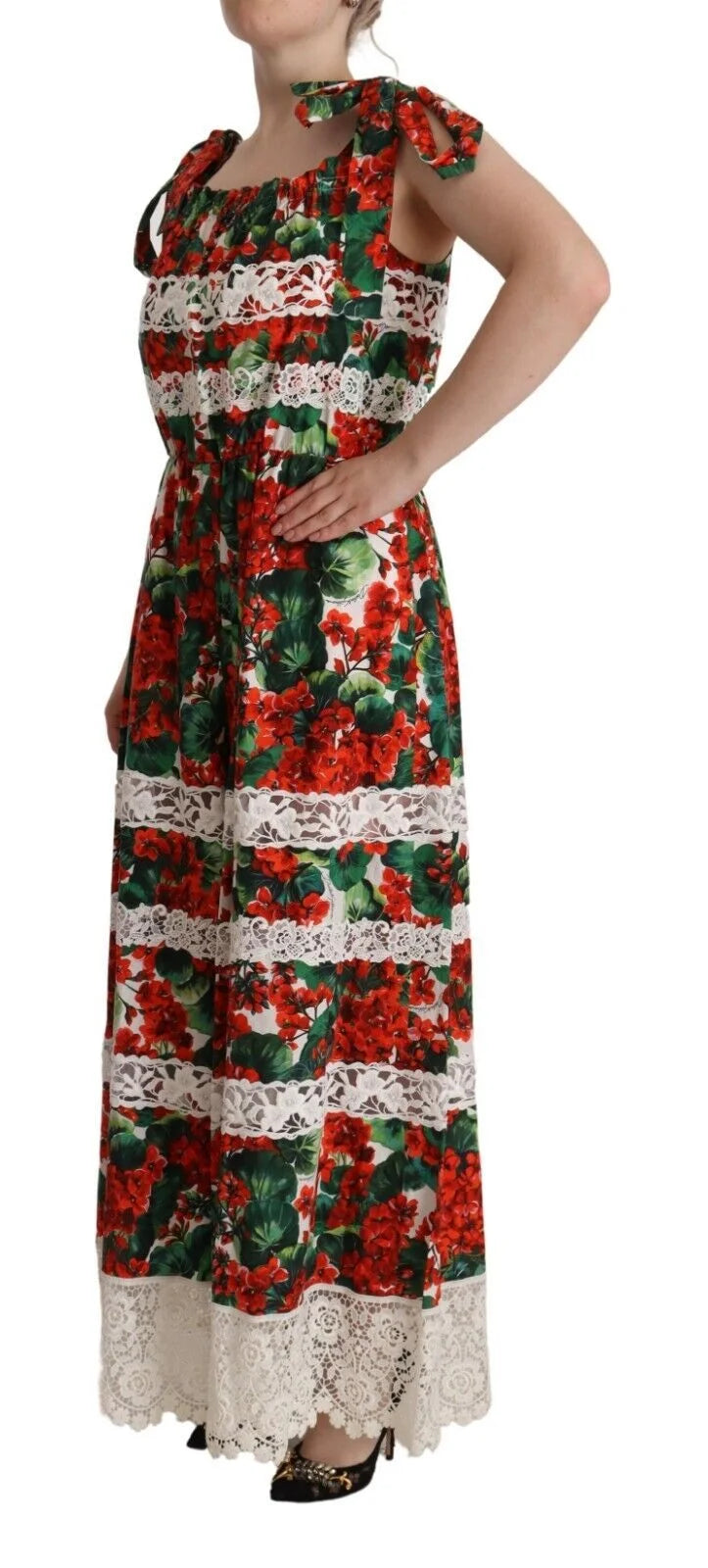 Dolce & Gabbana Multicolor Geranium Print Lace Long Maxi Dress - IT44|L - Dresses