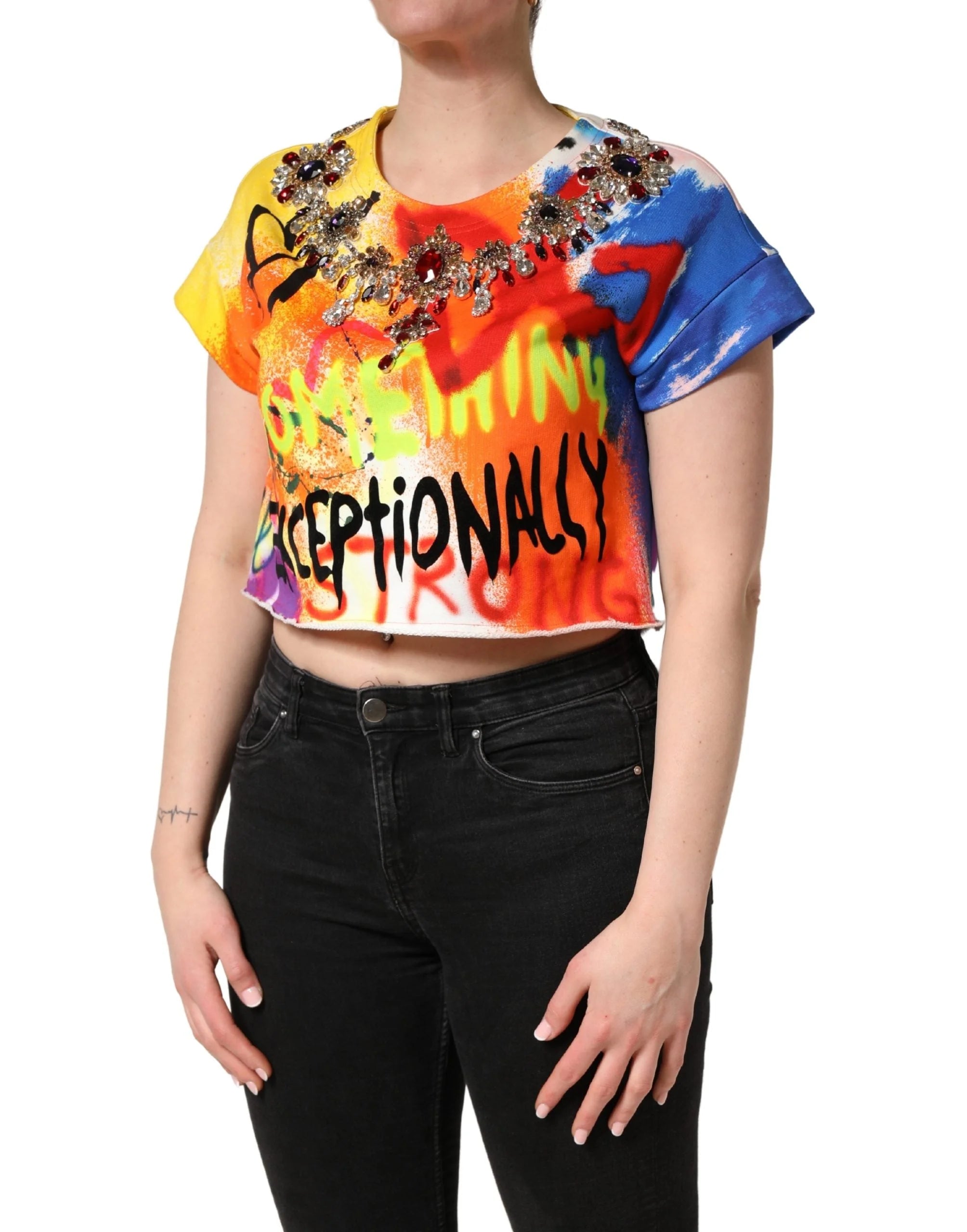 Dolce & Gabbana Multicolor Crop Top z nadrukami graffiti i kryształami