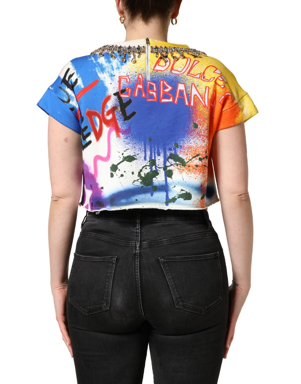 Dolce & Gabbana Multicolor Crop Top z nadrukami graffiti i kryształami