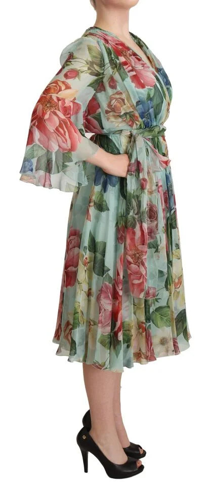 Dolce & Gabbana Multicolor Green Floral Silk Wrap Midi Dress - Dresses