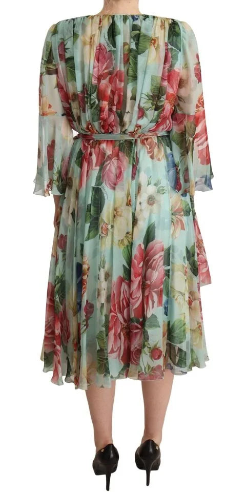Dolce & Gabbana Multicolor Green Floral Silk Wrap Midi Dress - Dresses