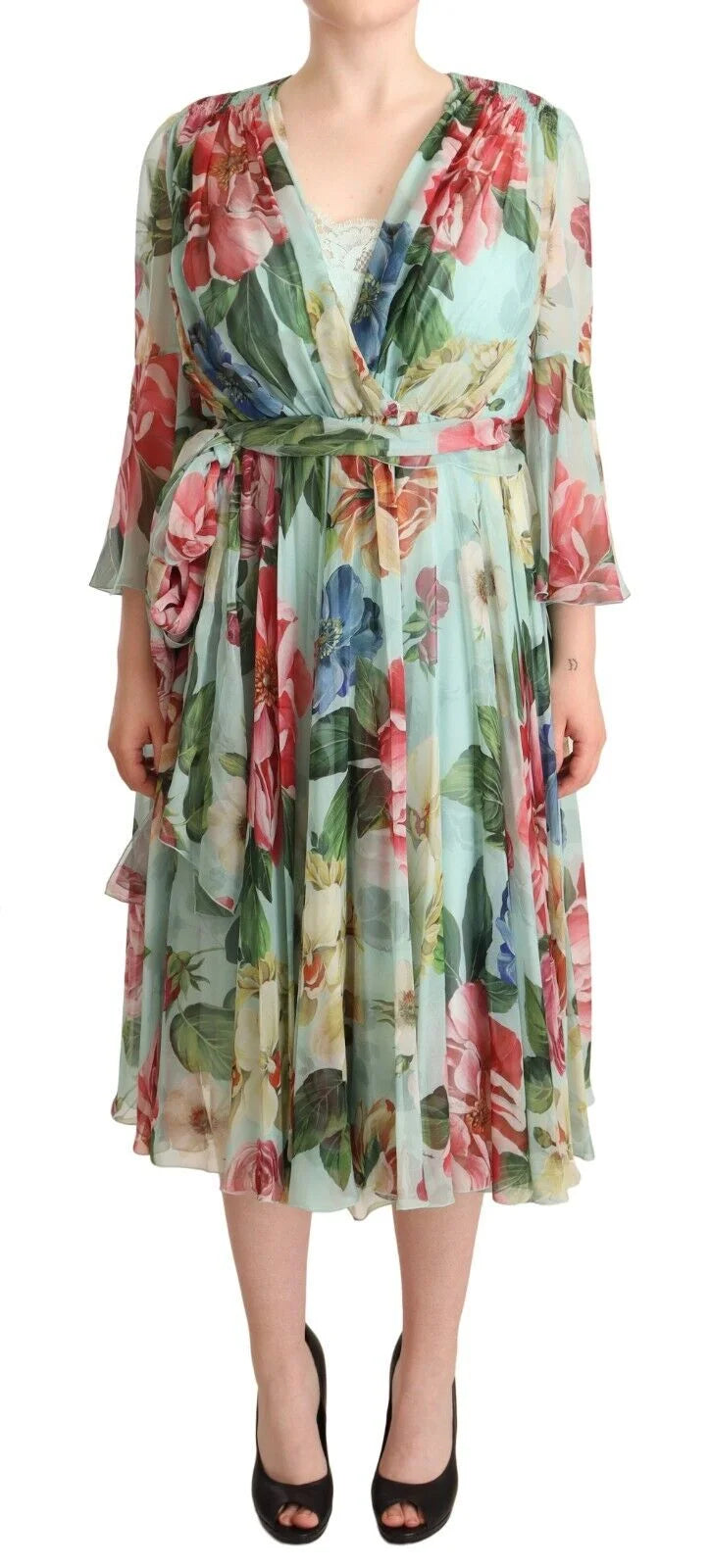 Dolce & Gabbana Multicolor Green Floral Silk Wrap Midi Dress - Dresses