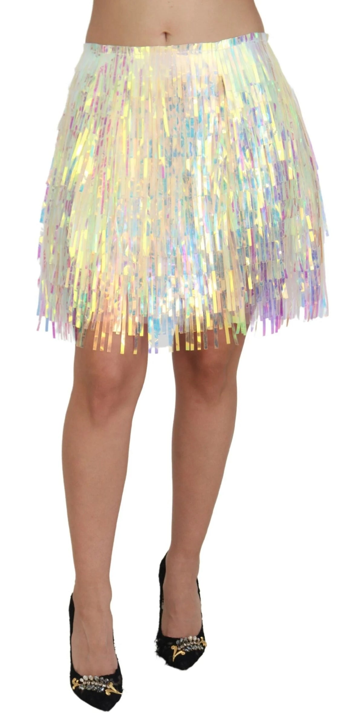 Dolce & Gabbana Multicolor Iridescent Fringed Tulle Skirt - IT46|XL - Skirts