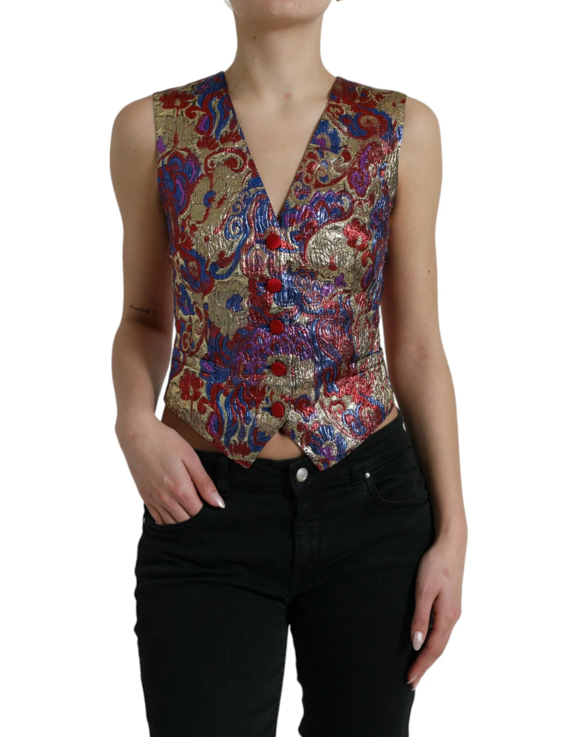 Dolce & Gabbana Multicolor Jacquard Button Waistcoat Vest Top - IT40|S - Vests