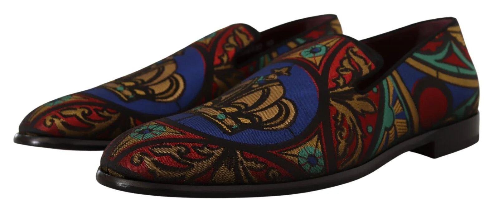 Dolce & Gabbana Multicolor Jacquard Crown Slippers Loafers Shoes - Flats