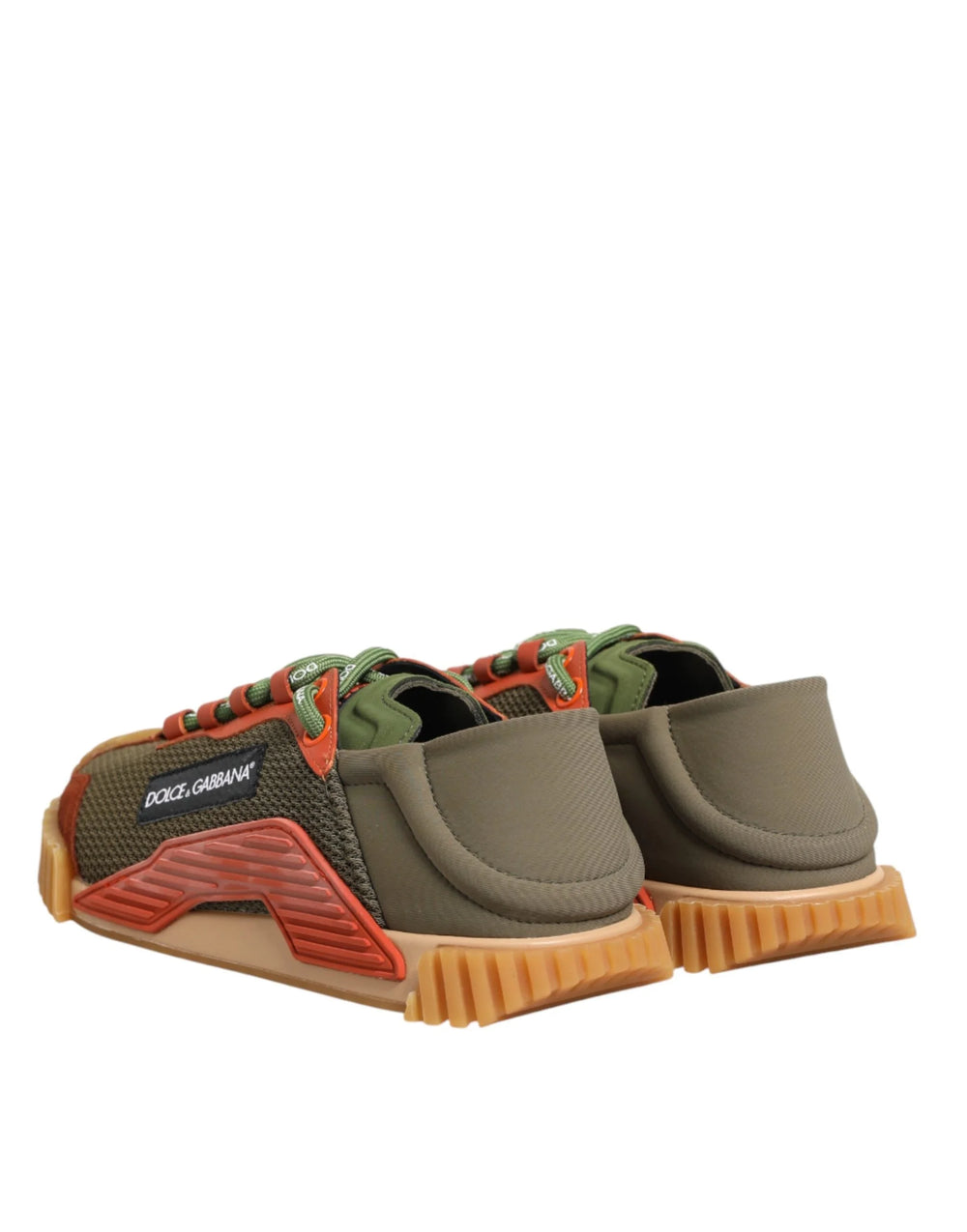 Top-down view of Dolce & Gabbana multicolor sneakers highlighting the technical lace-up closure and branded insole.