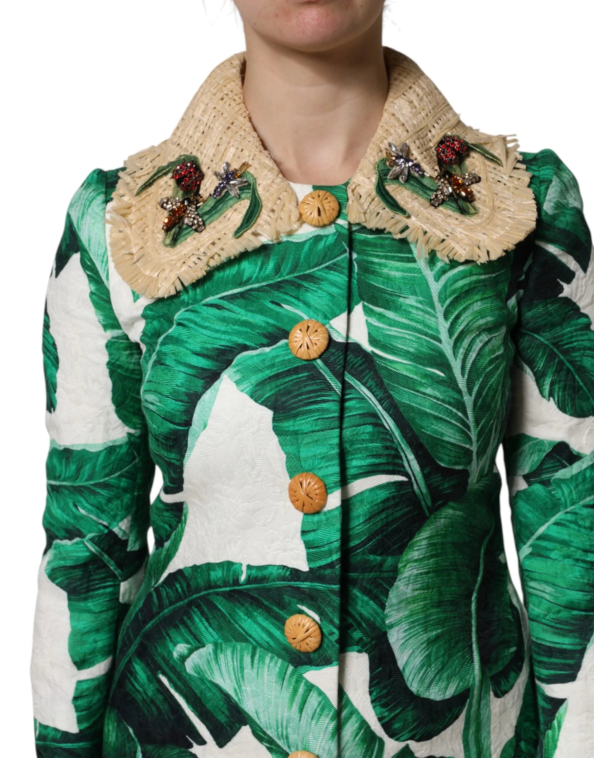 Dolce & Gabbana Multicolor Leaf Print Embellished Trenchcoat Jacket - Trench Coats