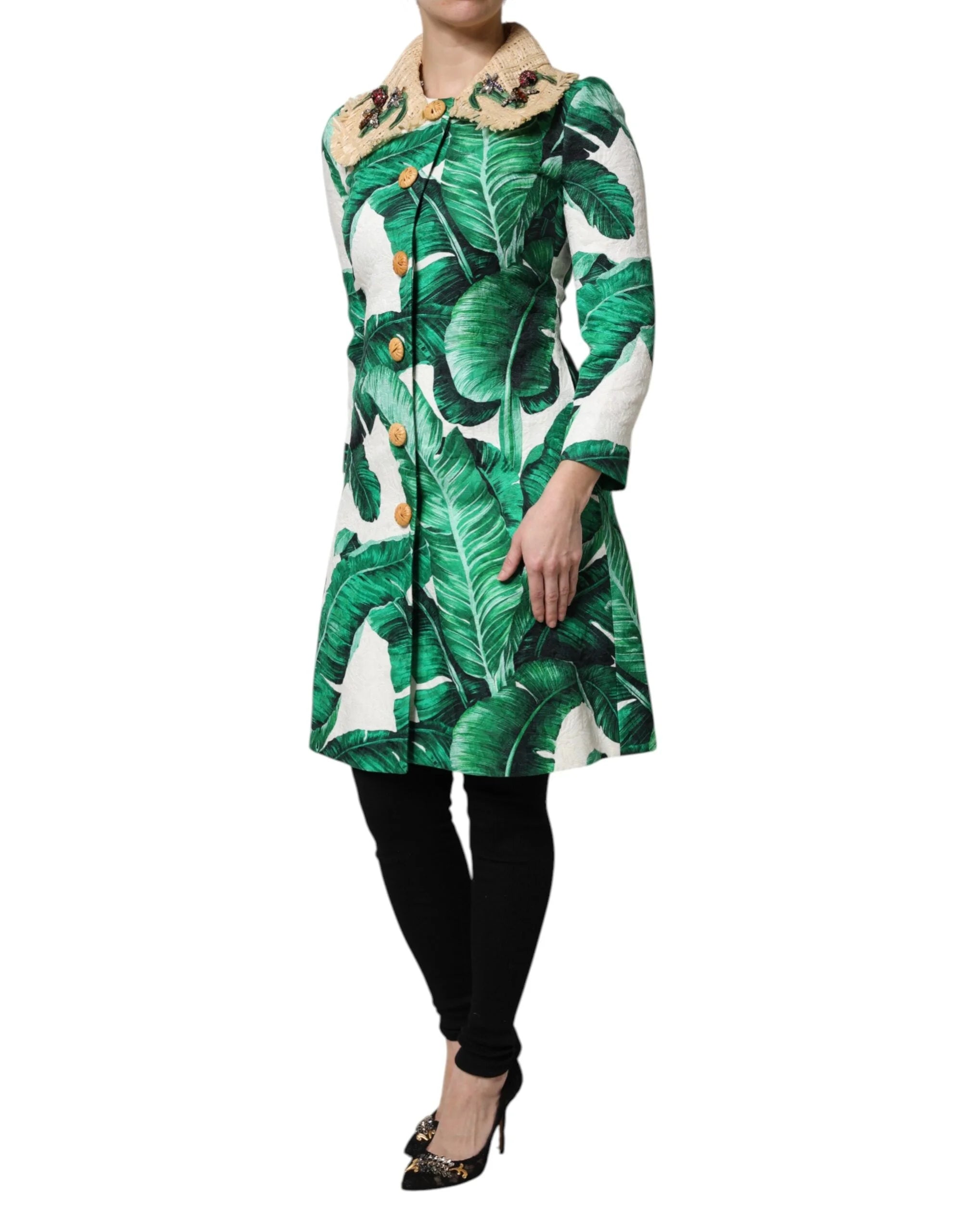 Dolce & Gabbana Multicolor Leaf Print Embellished Trenchcoat Jacket - Trench Coats