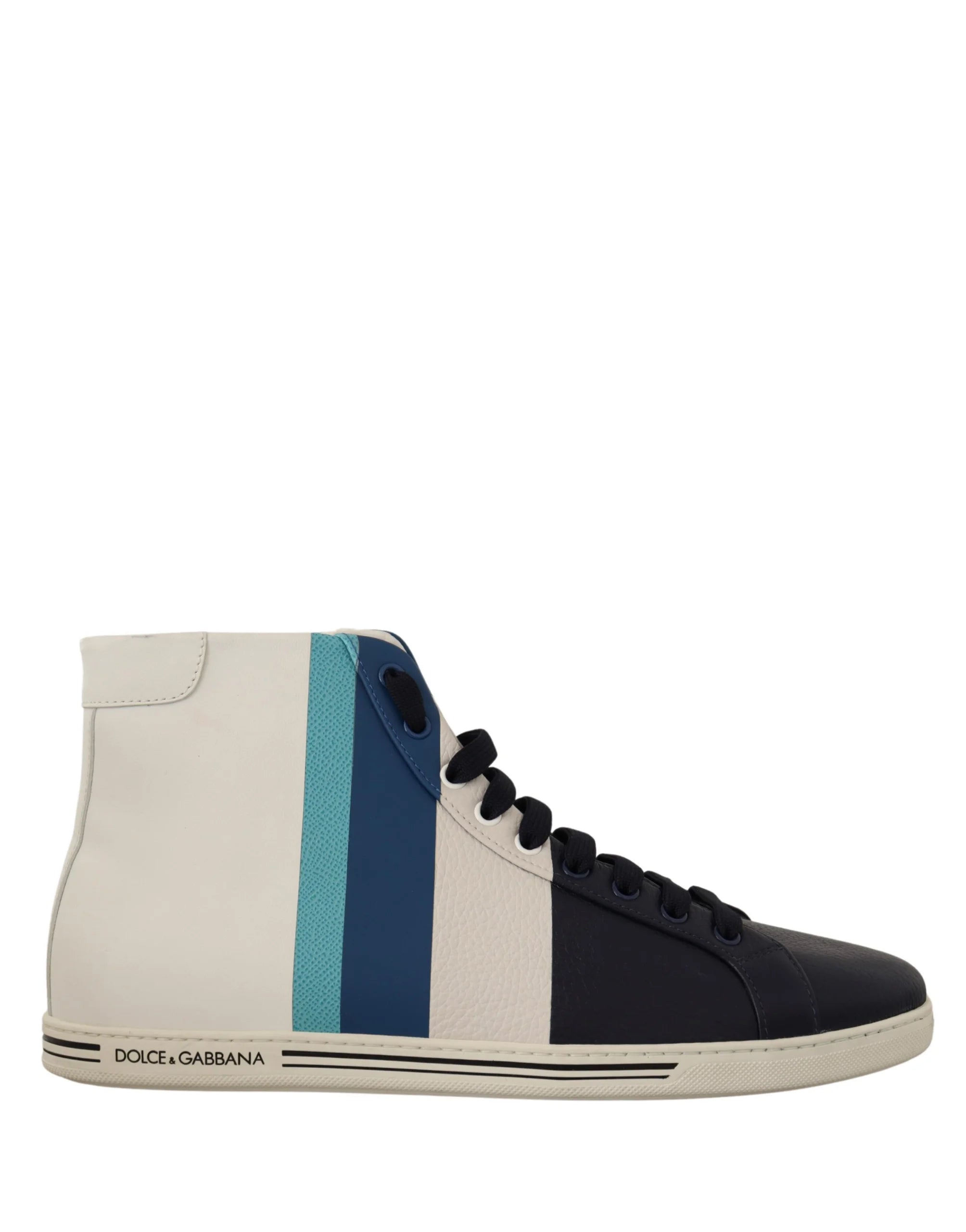 Perfil lateral dos ténis de topo alto Dolce & Gabbana em couro multicolorido premium com sola de borracha durável.