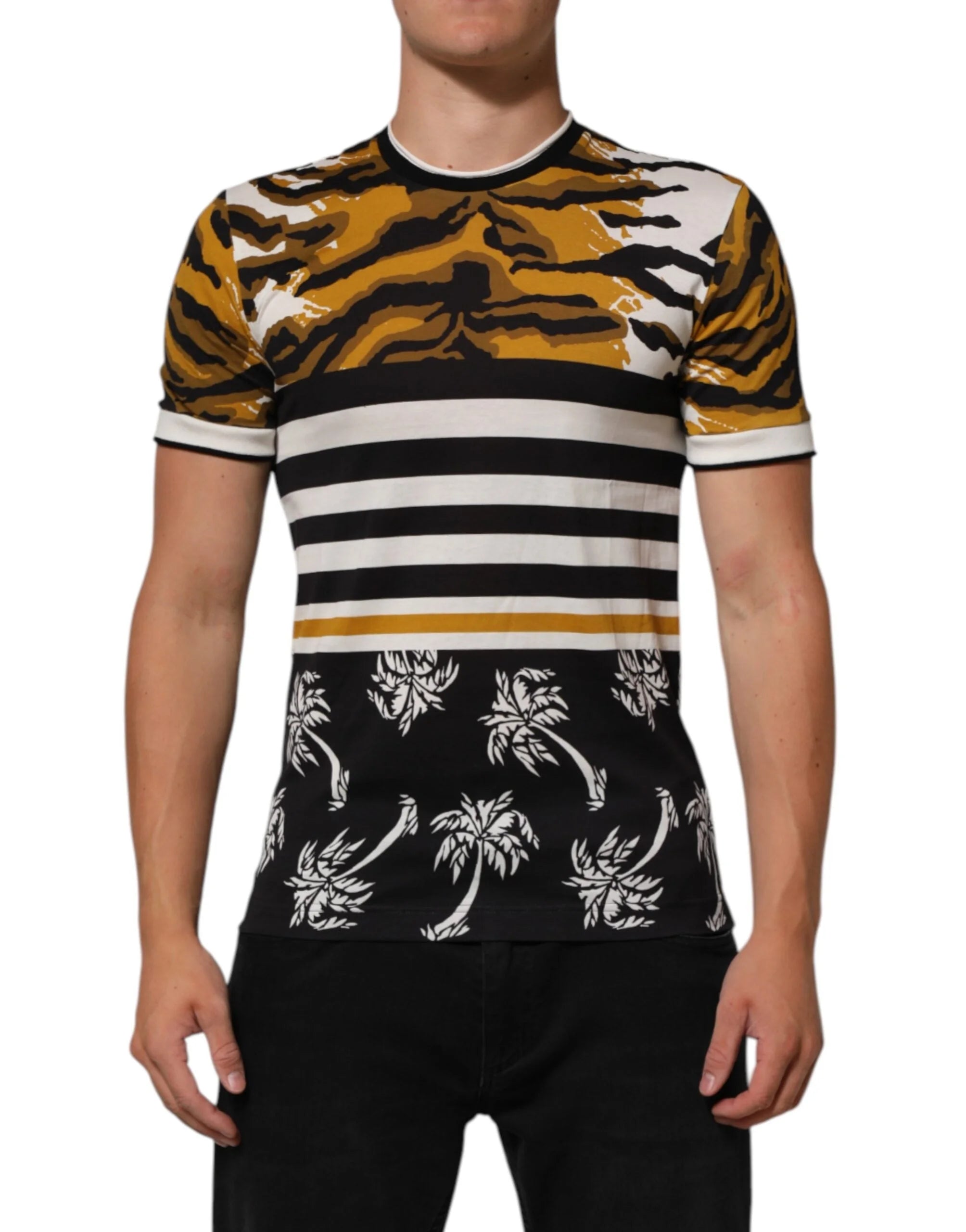 Dolce & Gabbana Multicolor Leopard Palm Leaf Men Crew Neck T-shirt - T-Shirts