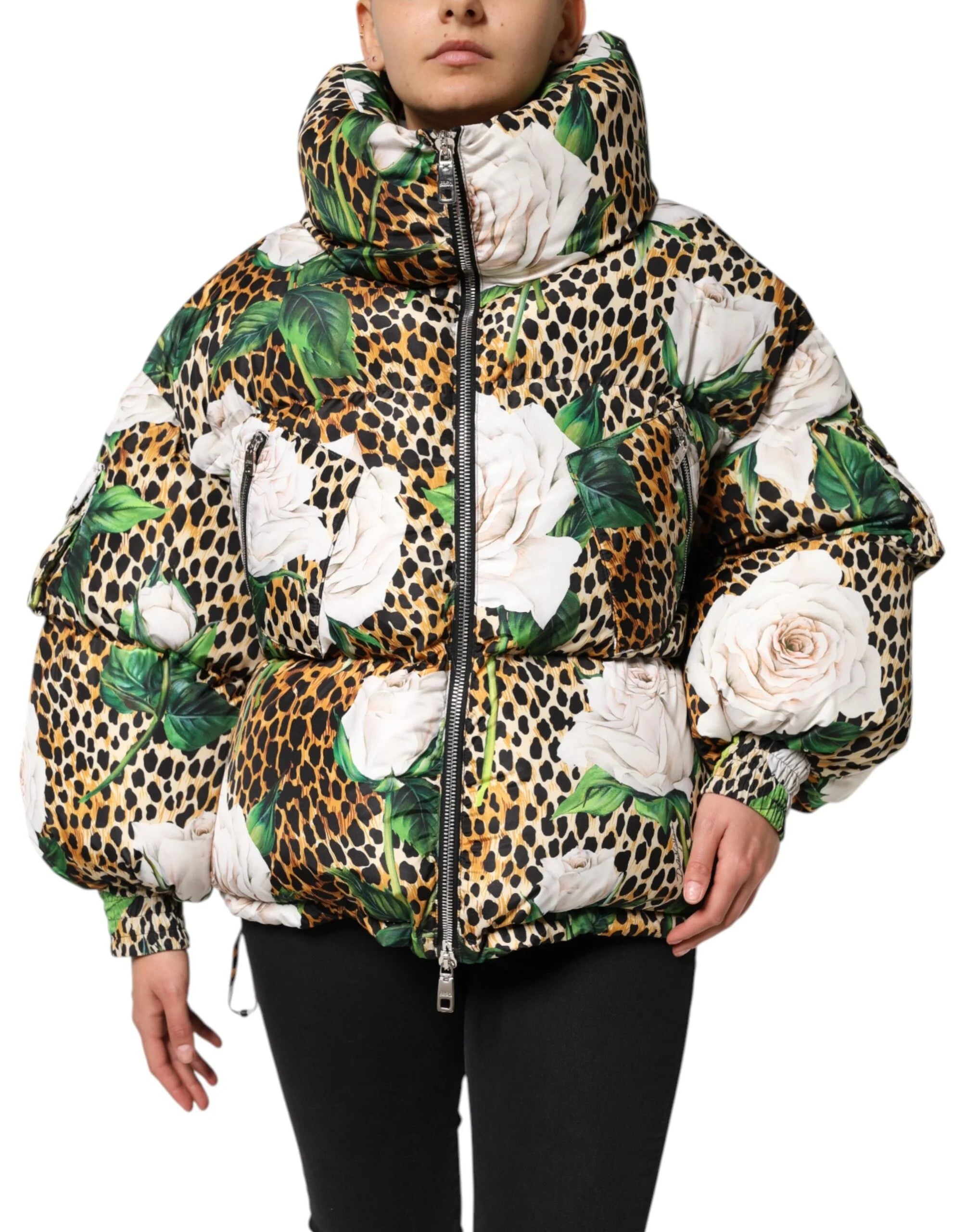 Dolce & Gabbana Multicolor Leopard Rose Puffer Quilted Jacket - IT40|S - Puffer Jackets