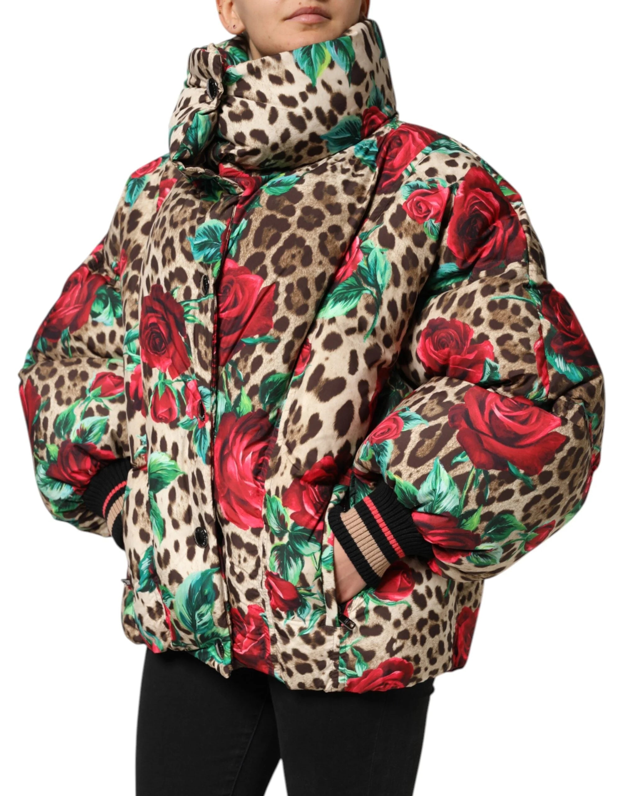 Dolce & Gabbana Multicolor Leopard Rose Puffer Quilted Jacket - IT40|S - Puffer Jackets