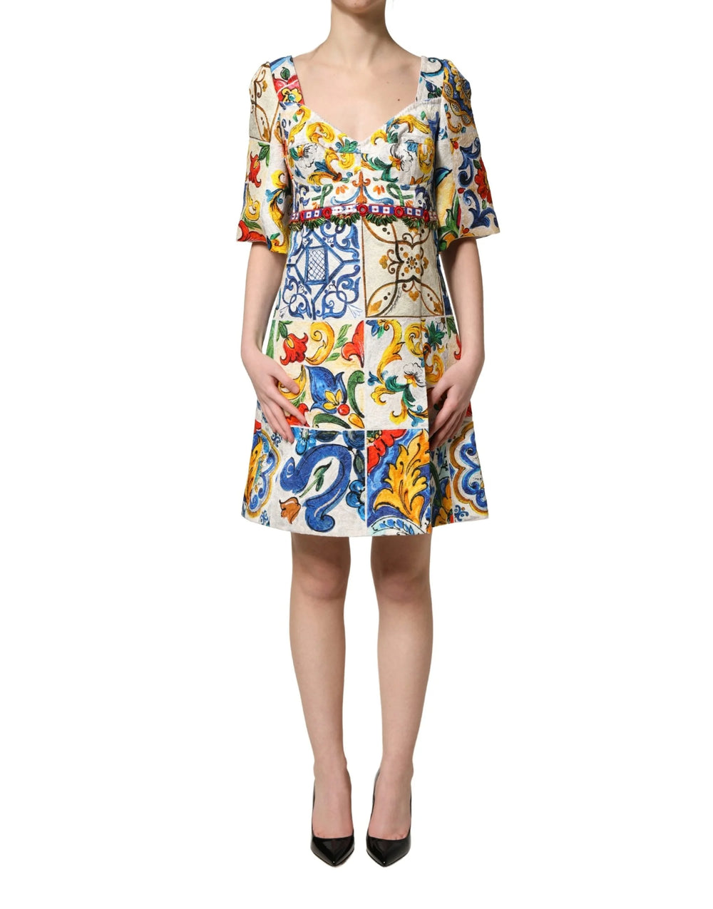 Dolce & Gabbana Multicolor Majolica Print Cotton Mini Dress - IT36|XXS