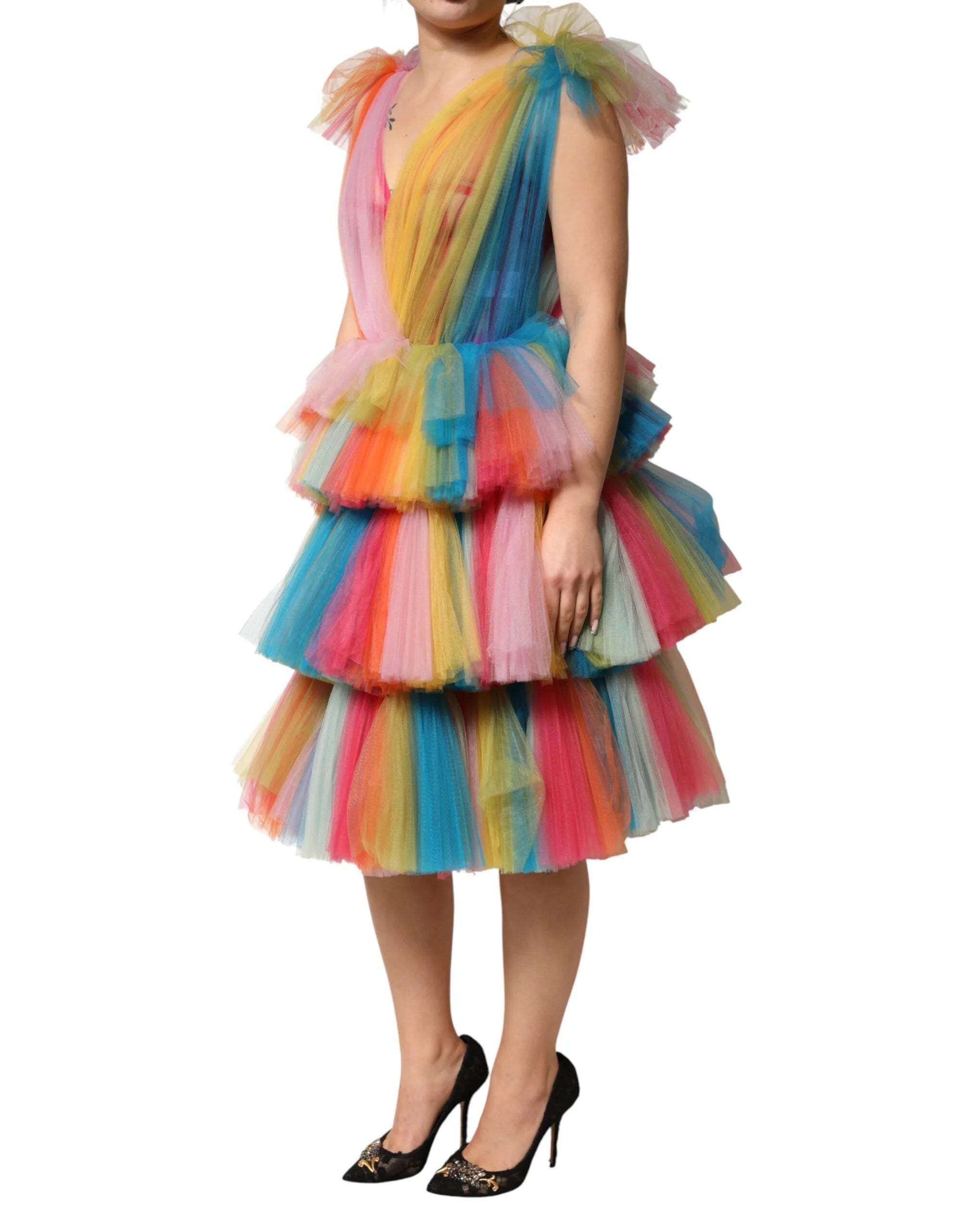 Dolce & Gabbana Multicolor Nylon Tiered Tulle Midi Dress - IT40|S
