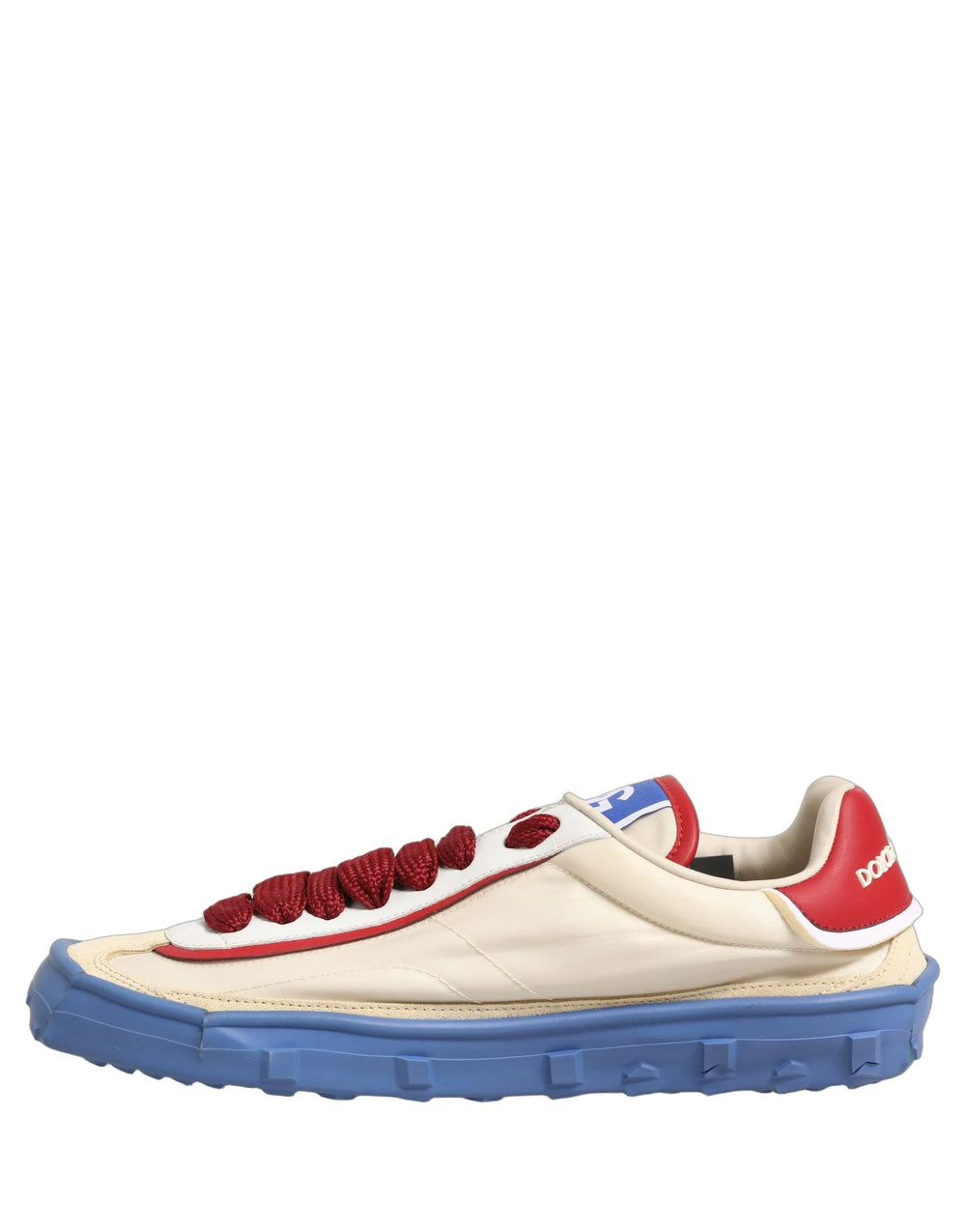 Detail shot of the luxury hardware and technical fabric panels on the Dolce & Gabbana Old Runner lace-up sneakers.