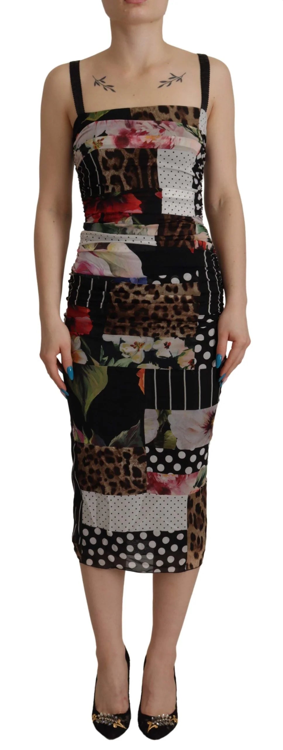 Dolce & Gabbana Multicolor Pachwork Midi Floral Silk Leopard Bodycon Dress - IT40|S - Dresses