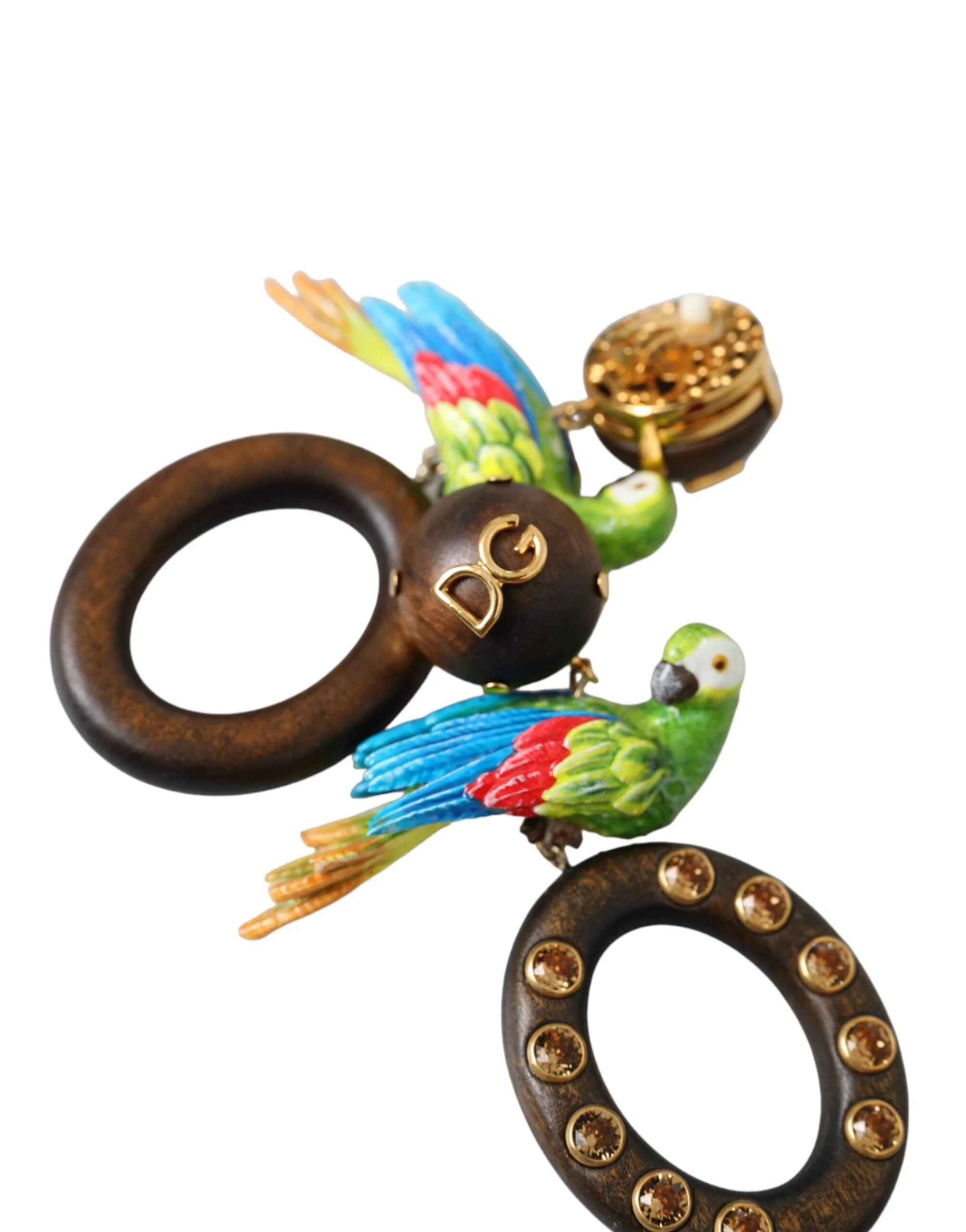 Dolce & Gabbana Multicolor Parrot Wood Brass Crystal Embellished Earrings - Earrings