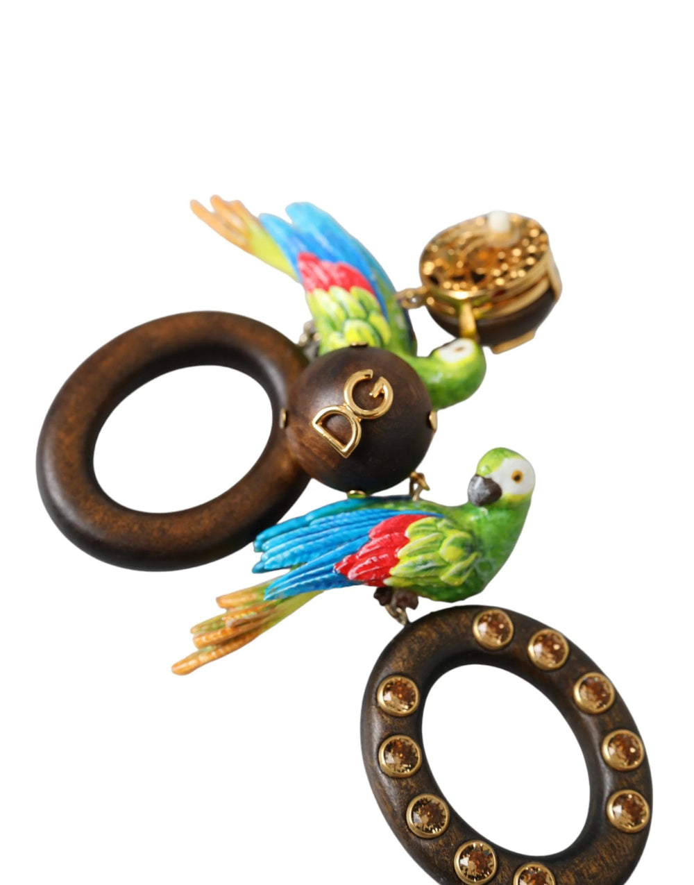 Dolce & Gabbana Multicolor Parrot Wood Brass Crystal Embellished Earrings - Earrings