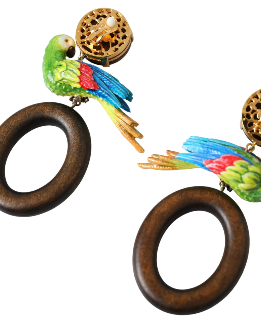 Dolce & Gabbana Multicolor Parrot Wood Brass Crystal Embellished Earrings - Earrings