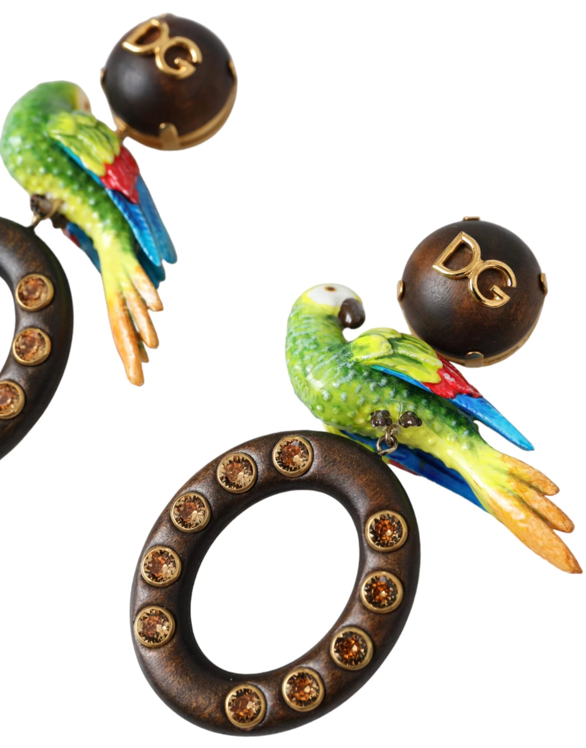 Dolce & Gabbana Multicolor Parrot Wood Brass Crystal Embellished Earrings - Earrings