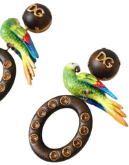 Dolce & Gabbana Multicolor Parrot Wood Brass Crystal Embellished Earrings - Earrings