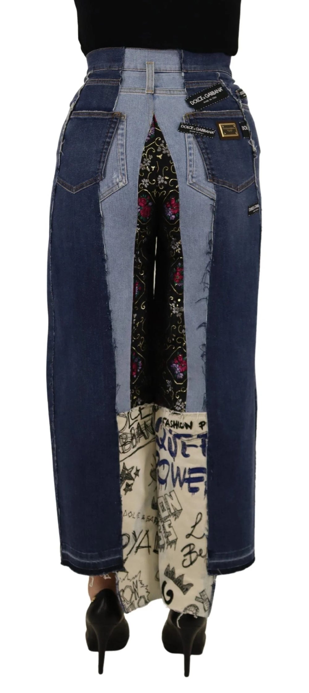 Dolce & Gabbana Multicolor Patchwork DG Fashion Wide Leg Denim Pant - Jeans