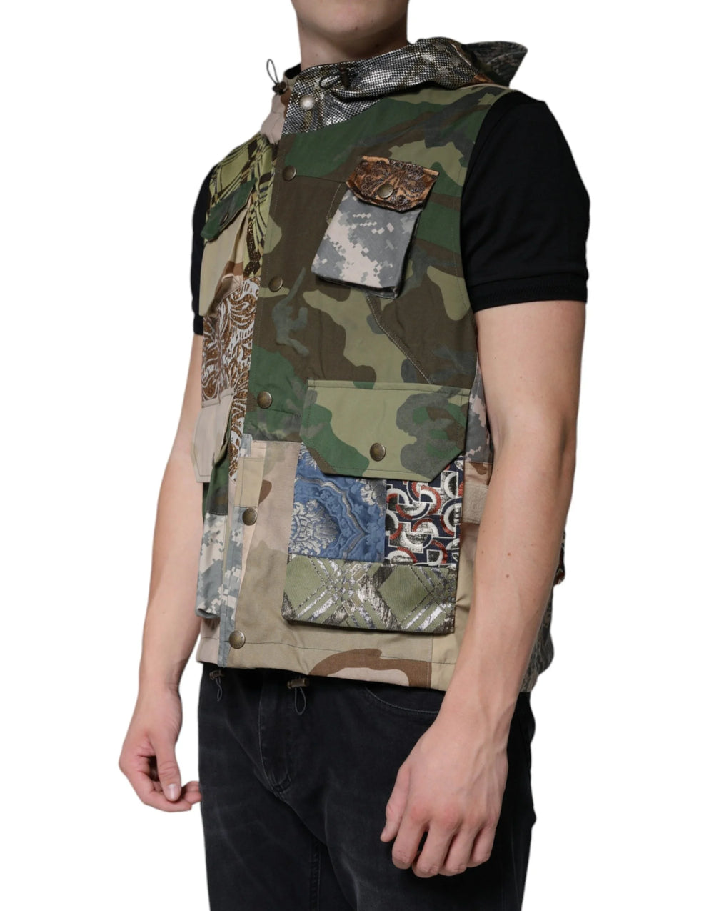 Dolce & Gabbana Multicolor Patchwork Hooded Vest Jacket - IT52 | XL - Vests