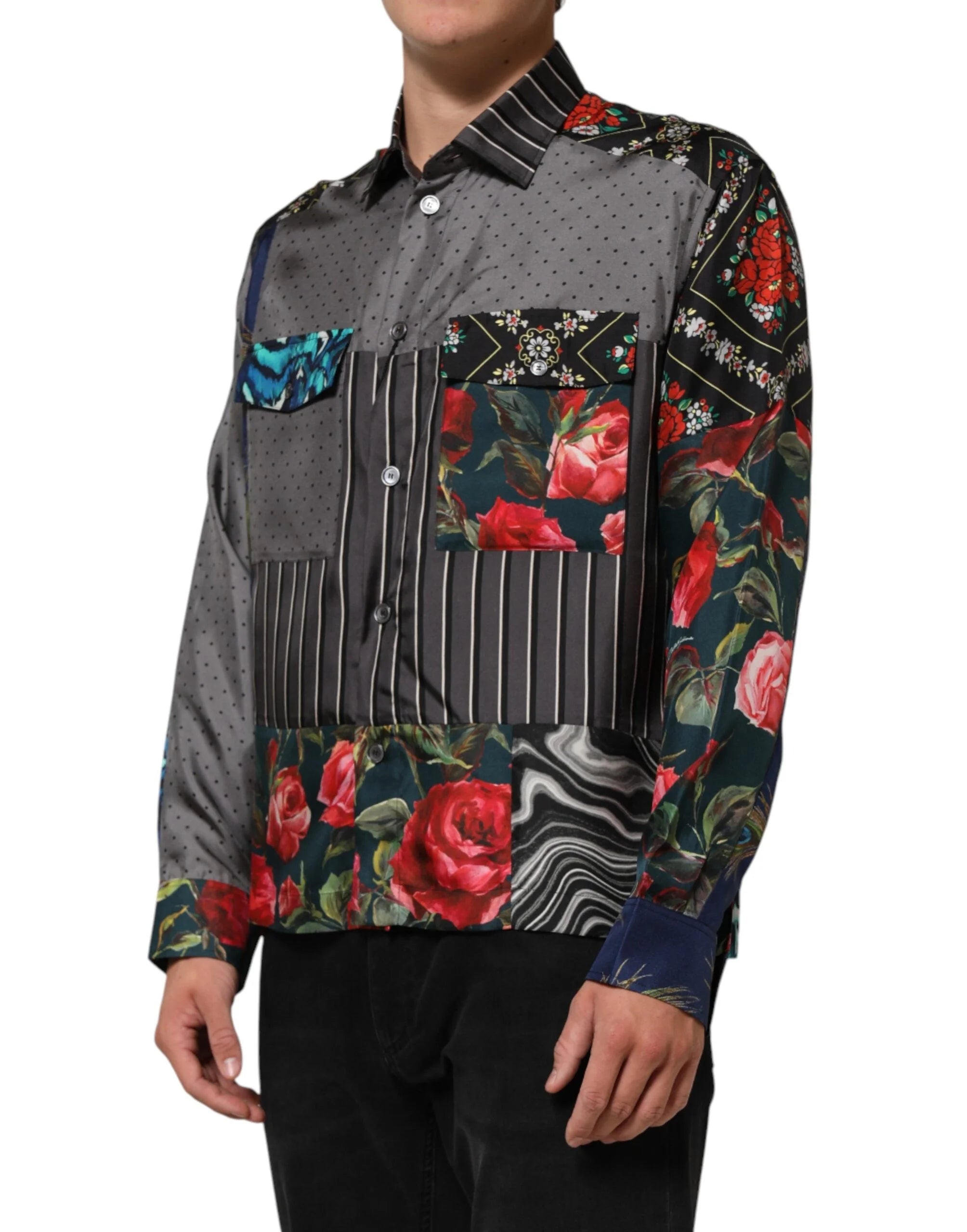 Dolce & Gabbana Multicolor Patchwork Long Sleeves Silk Shirt - IT39 | S - Shirts