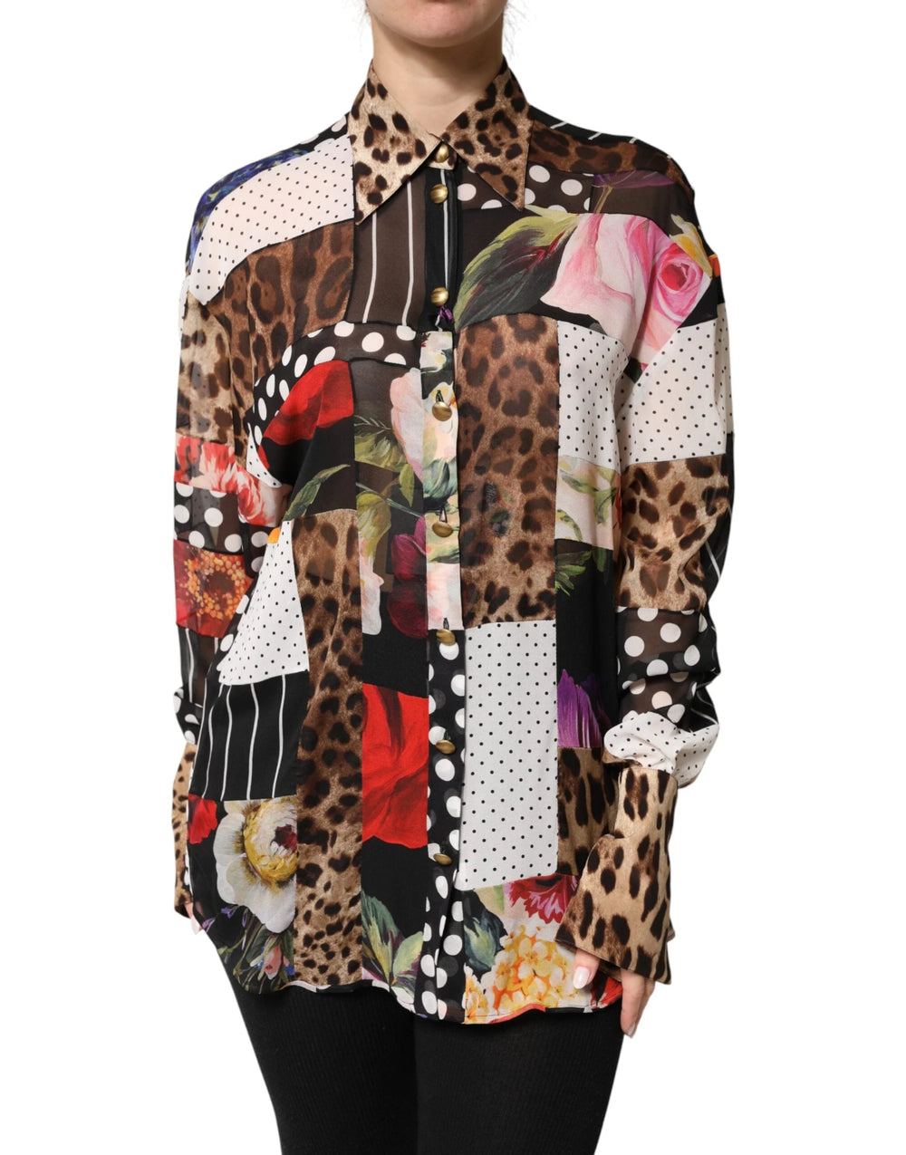 Dolce & Gabbana Multicolor Patchwork Silk CollaredBlouse Top - IT38 | XS