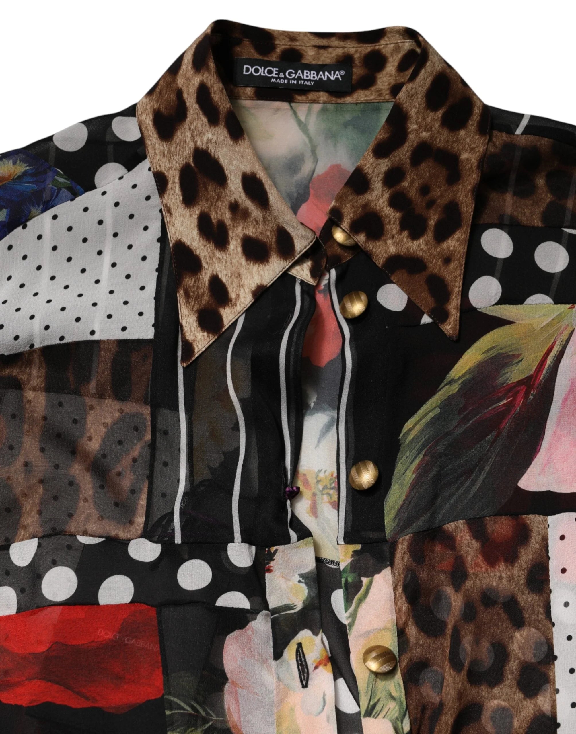 Dolce & Gabbana Multicolor Patchwork Silk CollaredBlouse Top - IT38 | XS