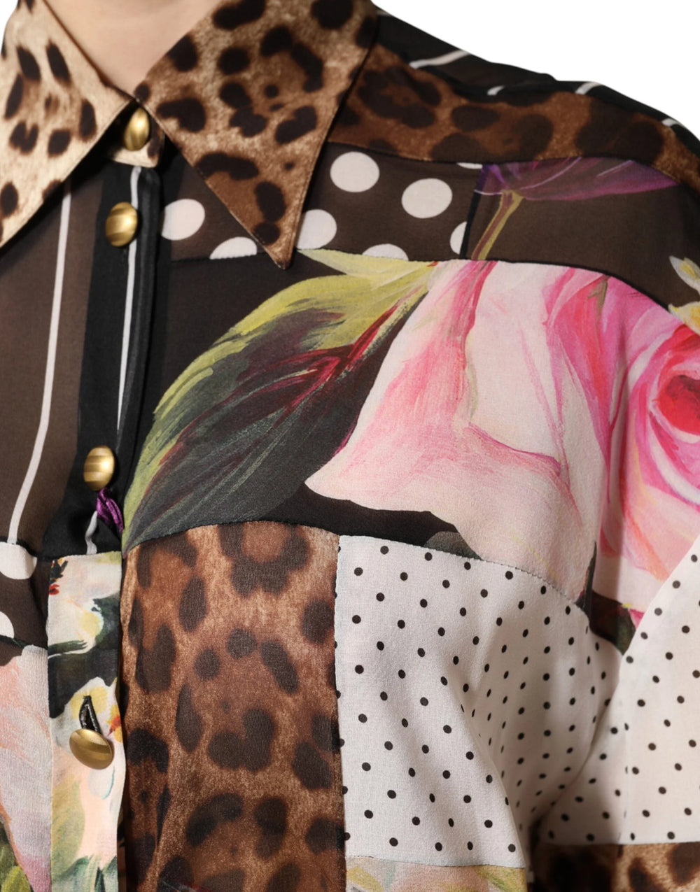 Dolce & Gabbana Multicolor Patchwork Silk CollaredBlouse Top - IT38 | XS